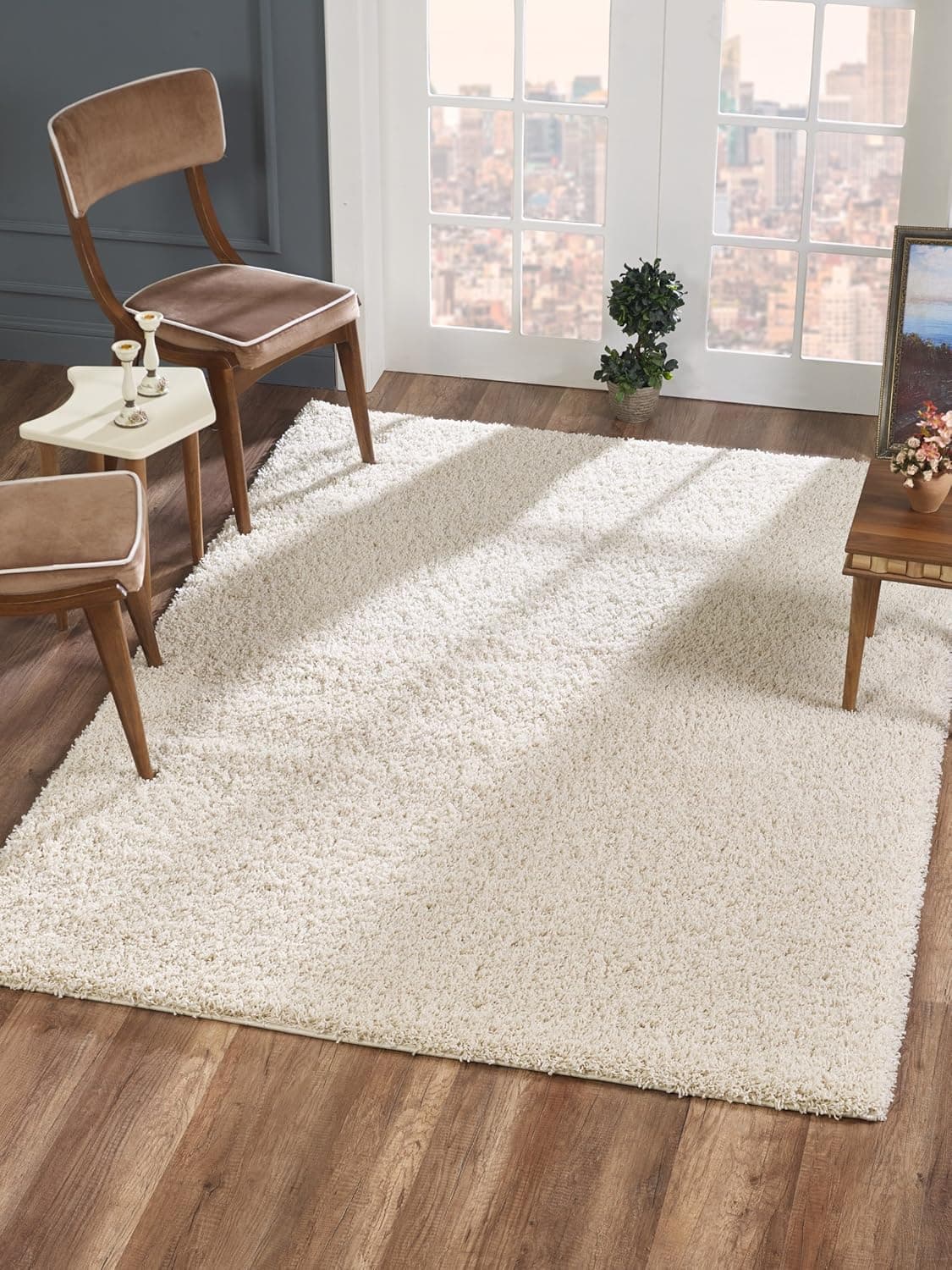 Delphia Rugs Soft Cream Anatolia Plush Shag Rug 5x7 – Elegant Cozy Floor Rug with Premium Large Fluffy Texture Large Woven Shaggy Carpet for Living / Dining Room and Bedroom Area