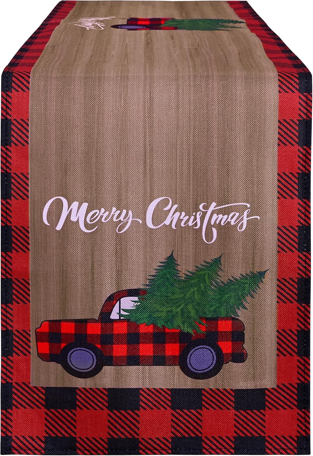 Winotic Xmas Trees Buffalo Check Plaid Truck Wood Grain Merry Christmas Table Runner, Winter Dining Table Decorations Kitchen Home Party Decor 13x72 Inch
