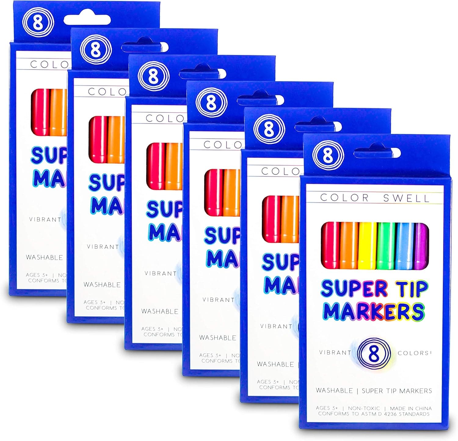 Color Swell Super Tip Markers 6 Boxes of 8 Washable Vibrant Colors (48 Total) Perfect Bulk Marker Pack for Kids, Parties, Classrooms