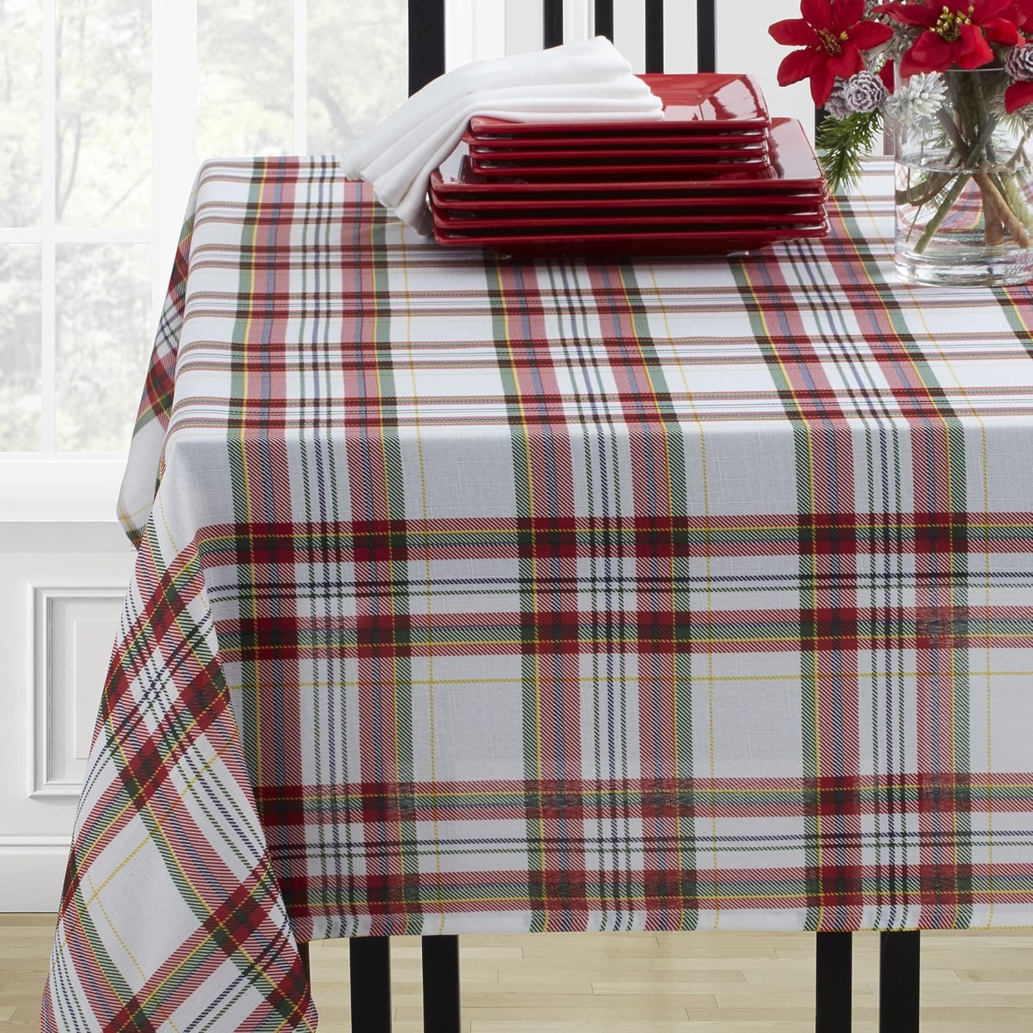 Benson Mills Alexander Plaid Metallic Tablecloth White 60 X 120