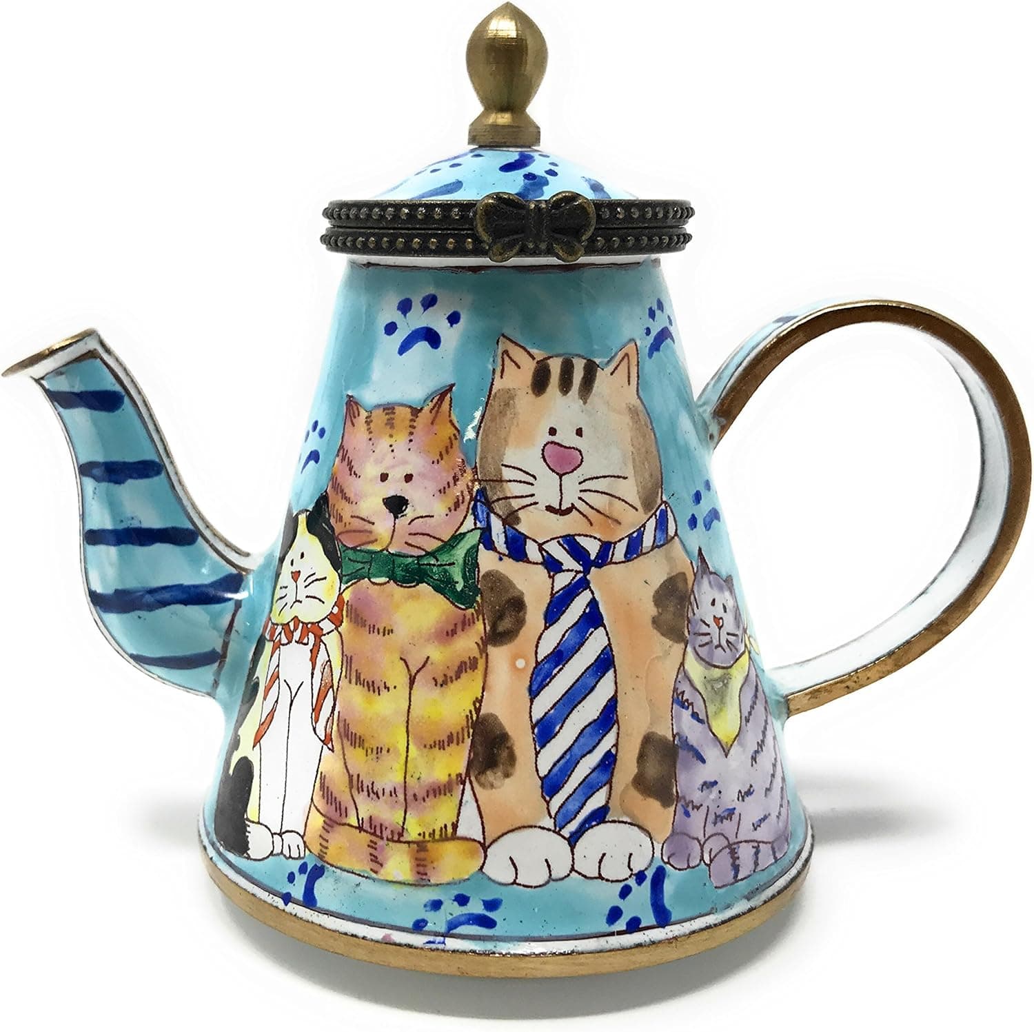 Kelvin Chen Cats in Ties Enameled Miniature Teapot with Hinged Lid, 3.75 Inches Long