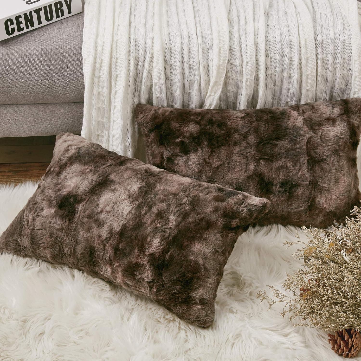 softan Luxury Faux Fur Throw Pillow Cover, Decorative Plush Minky Fleece Cushion Case, Super Soft Fluffy Plush Pillowcase with Non-Slip Zipper, 12"×20", Grey, 2 Pack