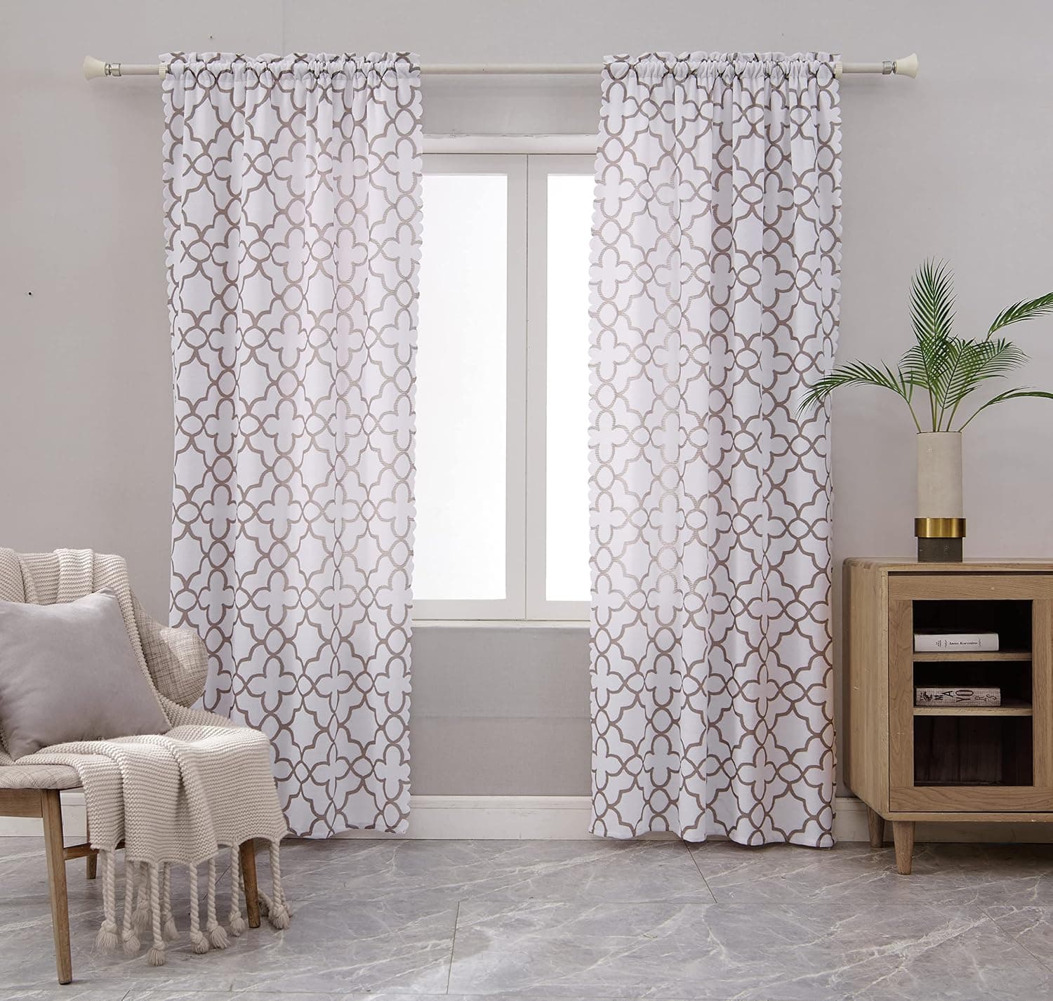 FlourishTex White Moroccan Curtains for Bedroom 40 x 63 Inch Farmhouse Light Filtering Curtains Quatrefoil Texture Jacquard Curtains for Kids Room Filter Light Curtain Panels, Rod Pocket, 2 Pair
