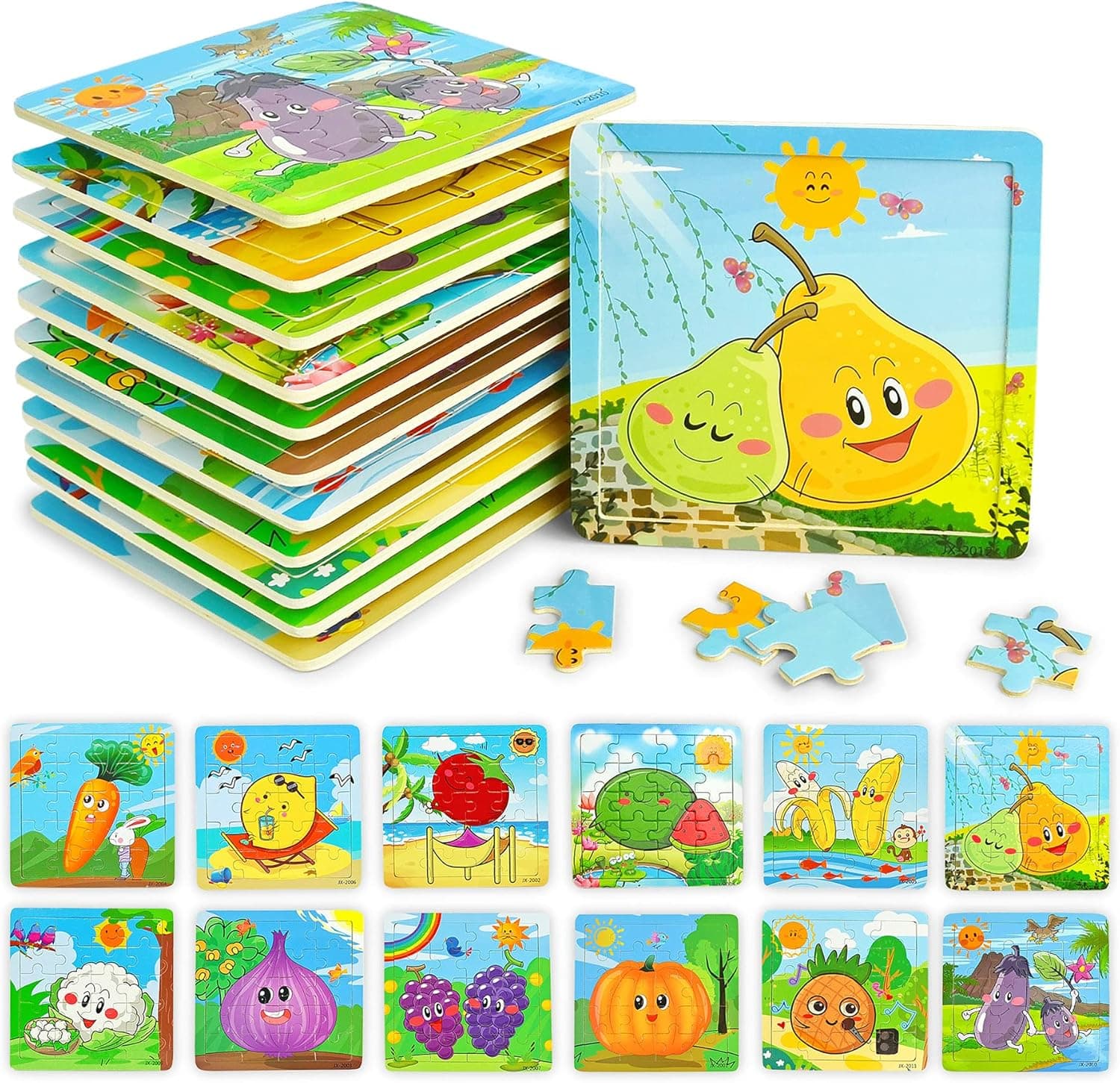 Vileafy 12 Pack Mini Wooden Puzzles Party Favors for Boys and Girls, 5.8” X5.8” Portable Travel Small Puzzles 20Pieces - Vegetable and Fruits Theme for Kids Ages 4-8 Years Old