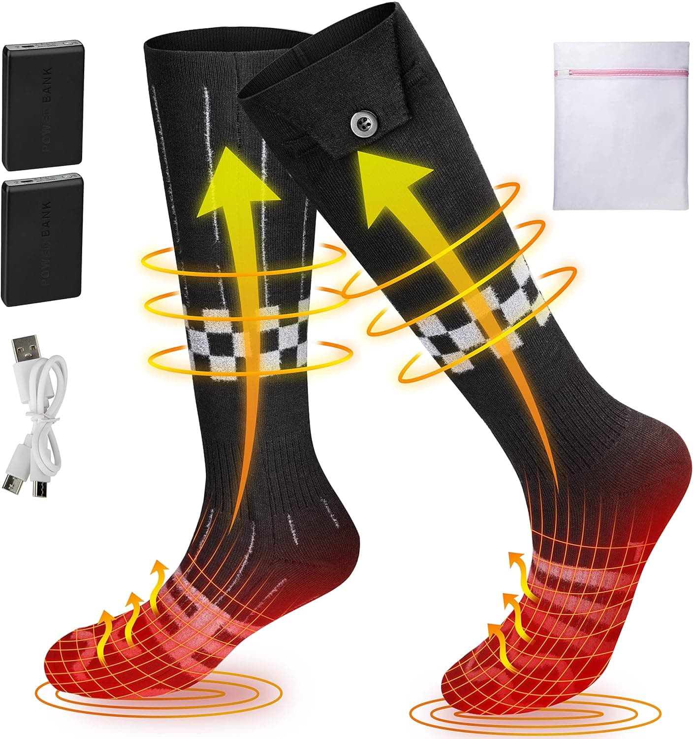 Heated Socks for Men Women Rechargeable Electric with Battery Powered Washable Heating Socks, 4 Heating Settings Thermal Winter Foot Warmer Cotton Socks for Climbing, Skiing Outdoor Activities