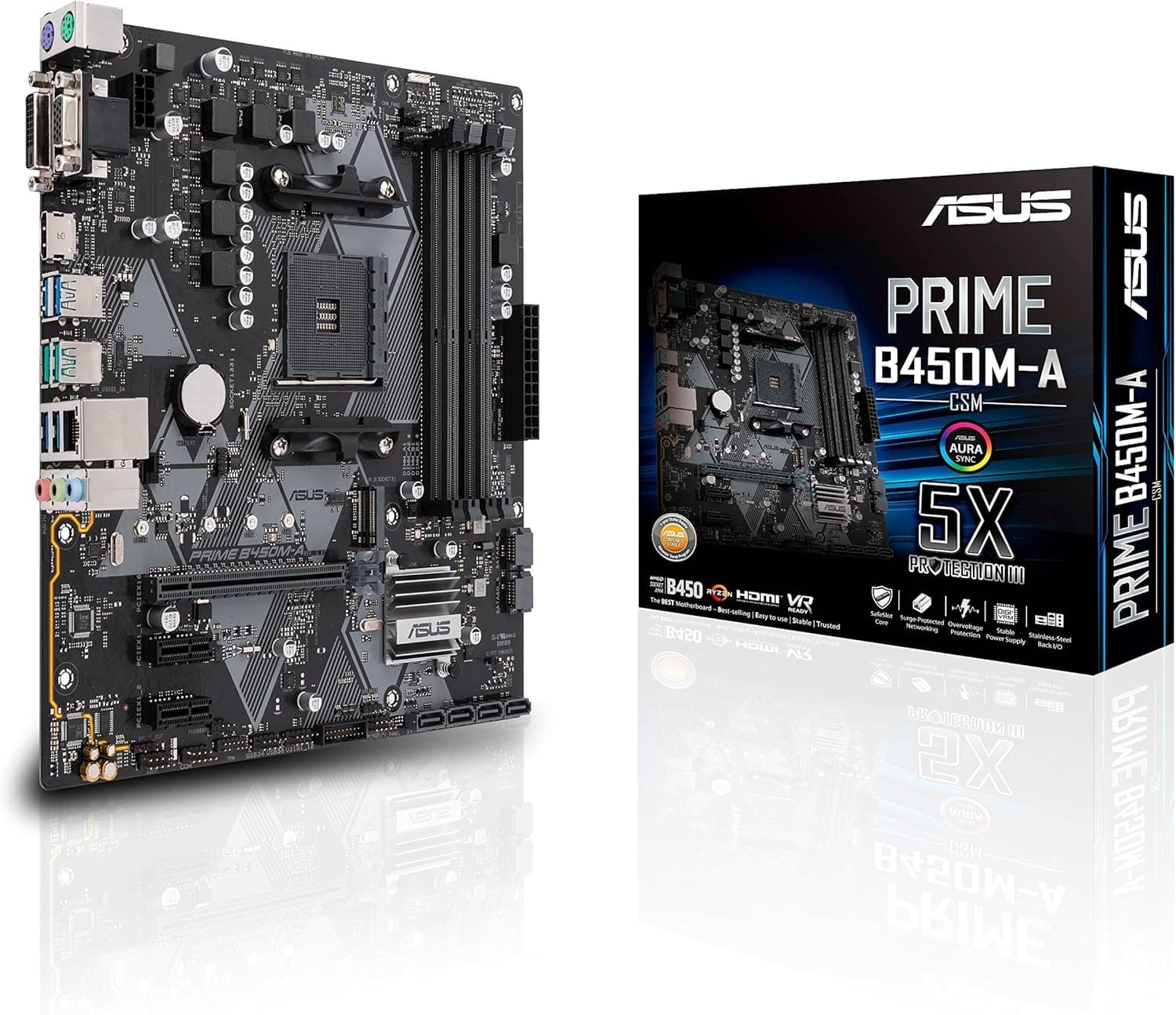 ASUS Prime B450M-A/CSM AMD AM4 (3rd/2nd/1st Gen Ryzen Micro-ATX commercial motherboard (1Gb LAN, ECC Memory, D-Sub/HDMI/DVI-D, TPM header, COM port, ASUS Control Center Express)