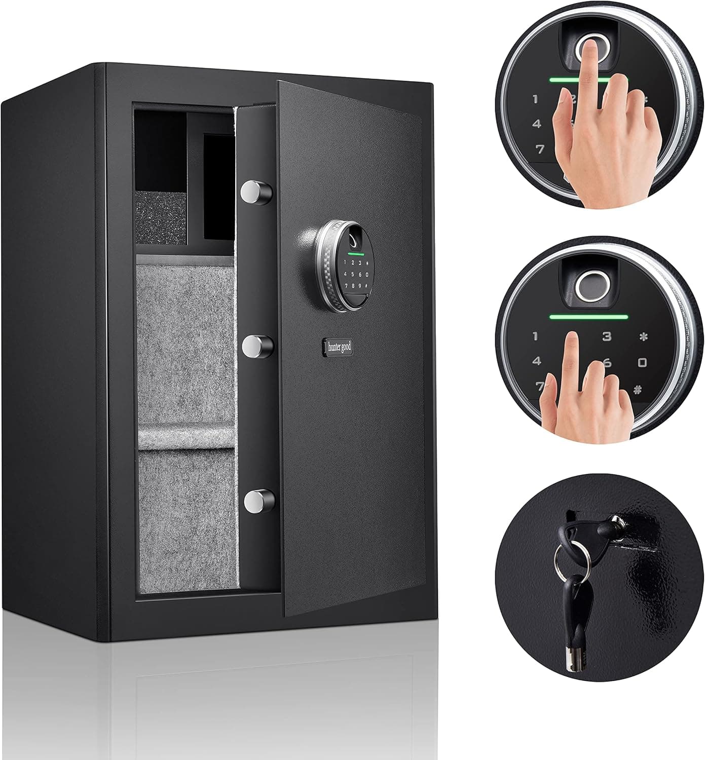 biometric security home safe, quick access fingerprint lock security for home or business storage of handgun, cash and jewelry, separate inner box, reinforced body, override key