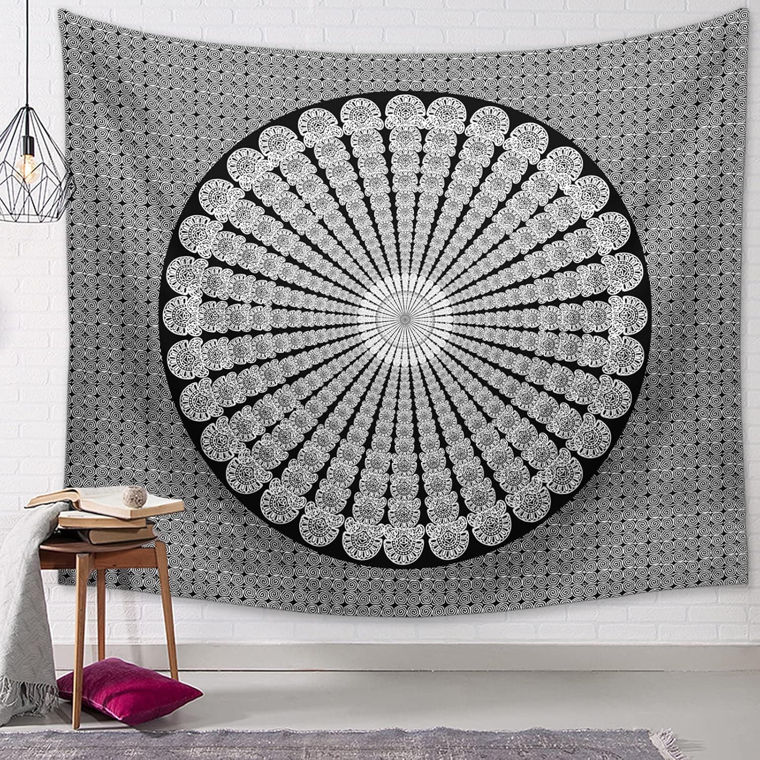 Domenow Indian Hippie Bohemian Tapestry, Psychedelic Peacock Mandala Wall Hanging Bedding Tapestry, Black & White, 59 x 59 inches