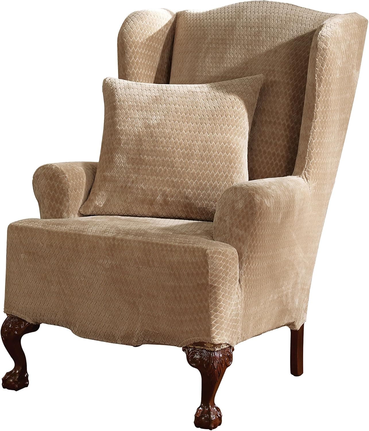 SureFit Stretch Royal Diamond - Wing Chair Slipcover - Cream