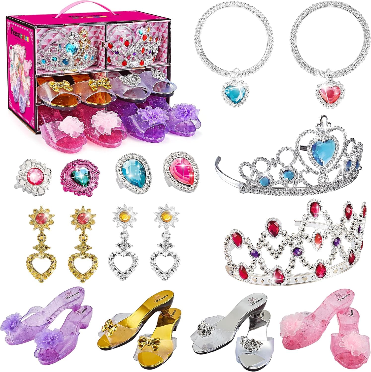 PicassoTiles Kids 20 Piece Fairytale Royal Princess Dress Up Pretend Play Tiara, Jewelry Boutique, Shoes & Fashion Accessories Toy Collection For Girls Children Ages 5+ STEM Creative Imagination Toys