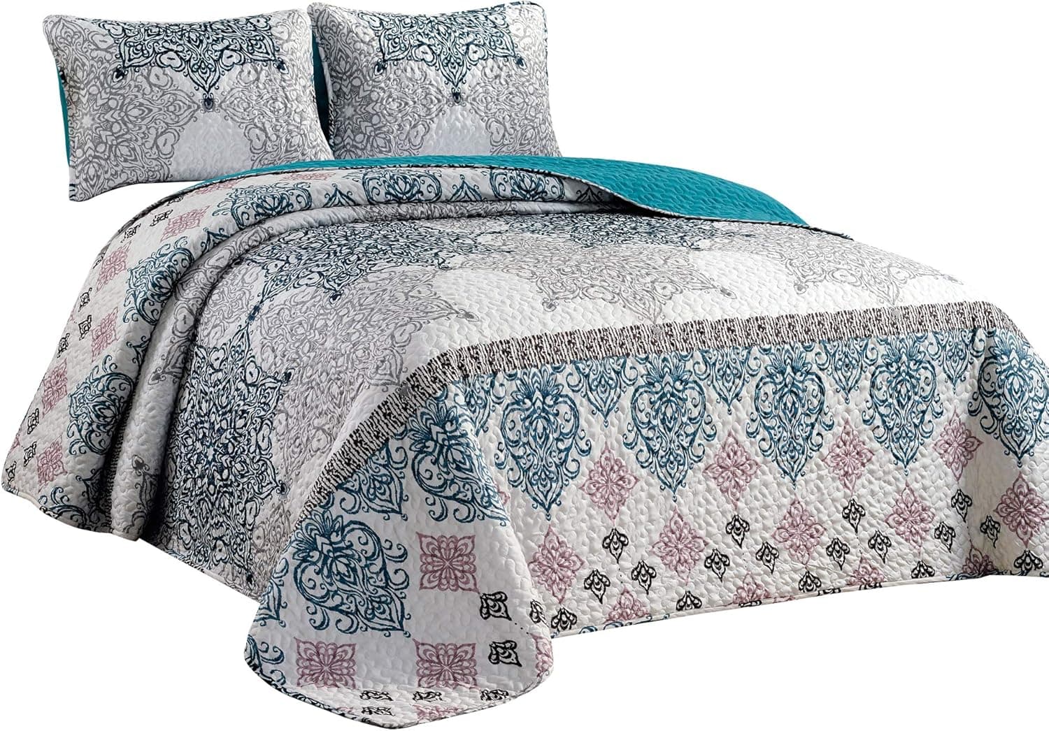 3-Piece Pattern Printed King Size Teal Blue/Grey Quilt Set Bedspread Coverlet Bed Cover
