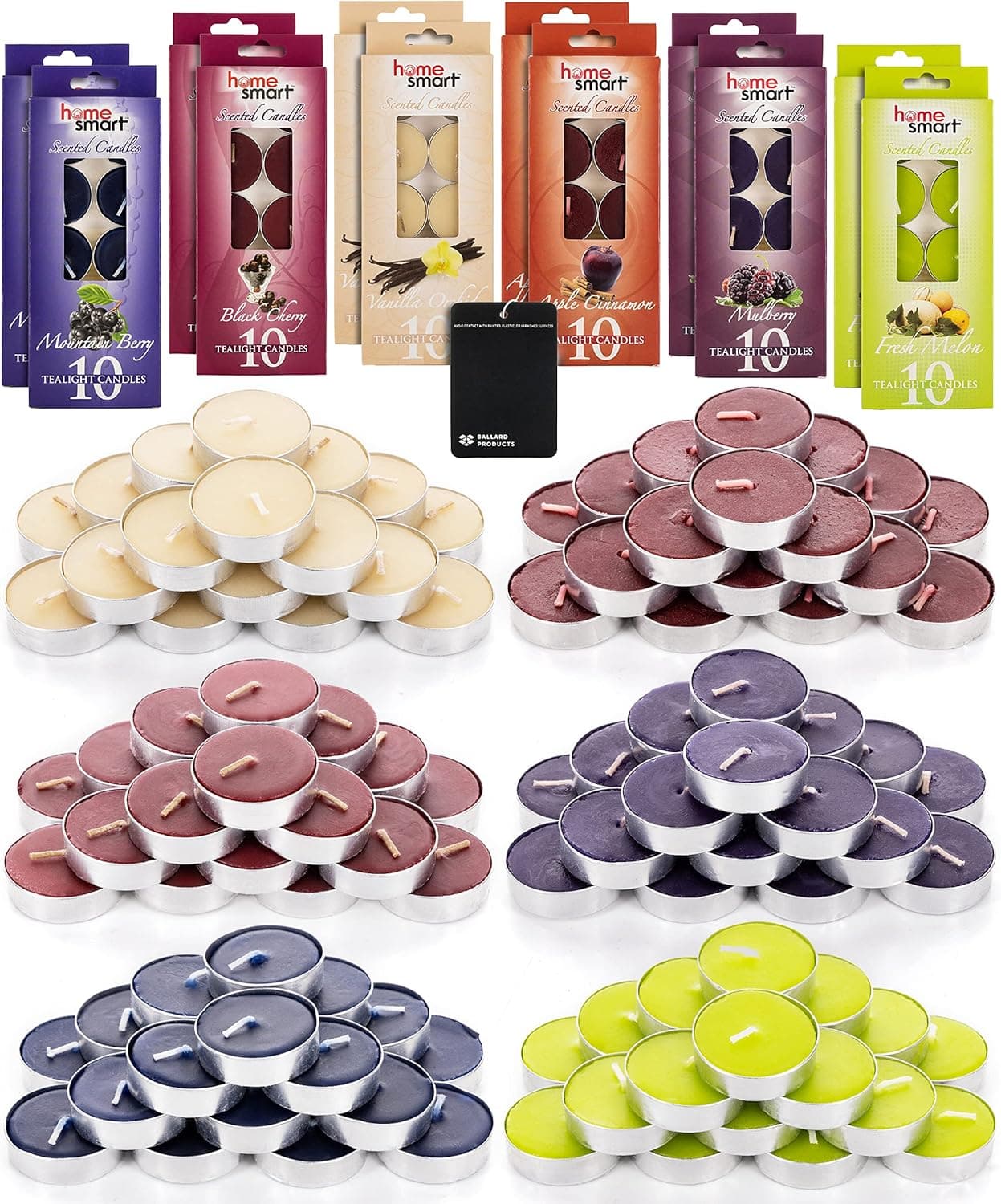 Home Smart Scented Tea Lights Candles Variety Pack of 120 Mini Candles - 6 Scents of Tealight Candles - Apple, Mulberry, Vanilla, Melon, Berry, and Black Cherry - with Ballard Products Air Freshener