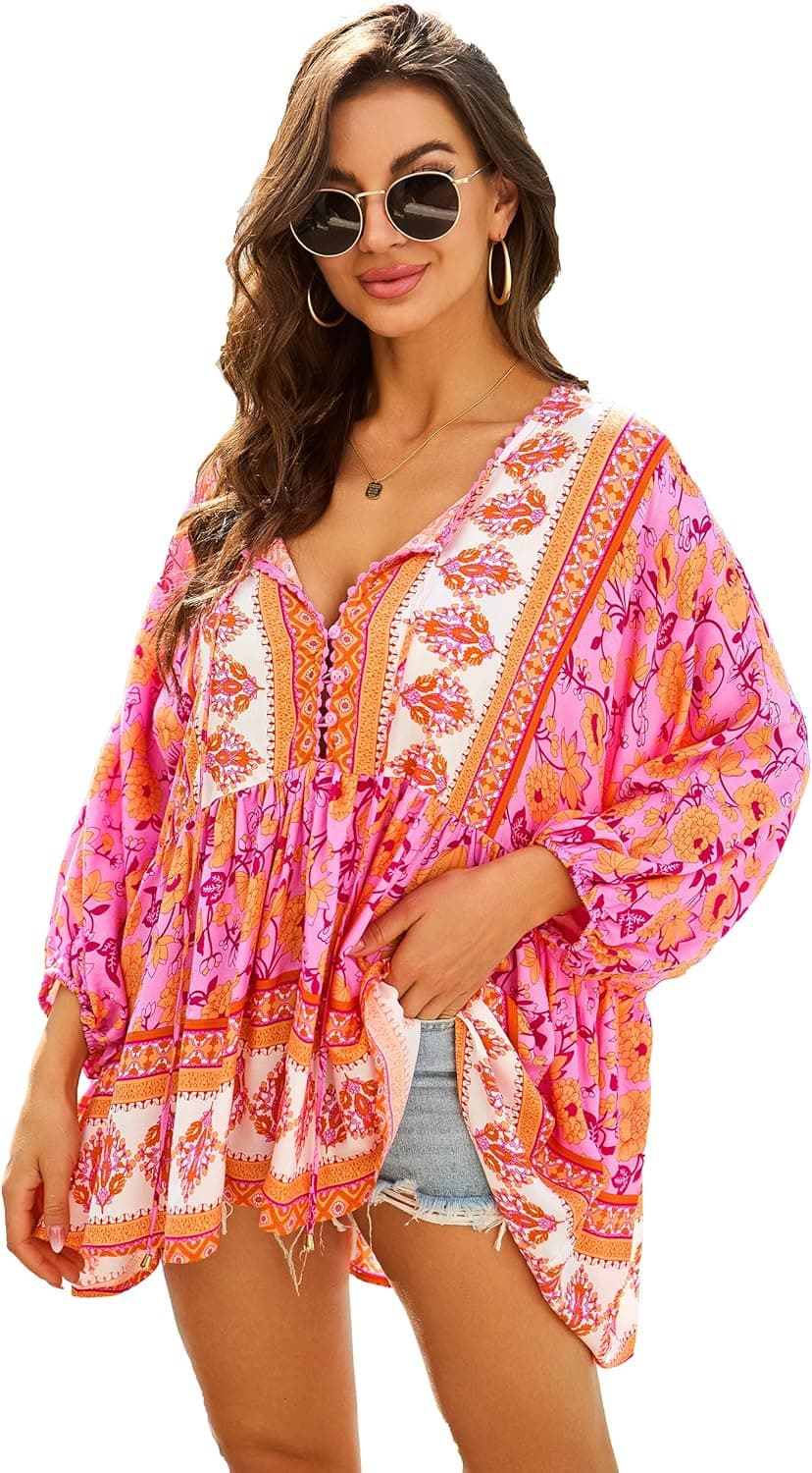 HECCPLI Women Boho V-neck 3/4 Sleeves Tunic Top Relaxed Fit Casual Print Blouse