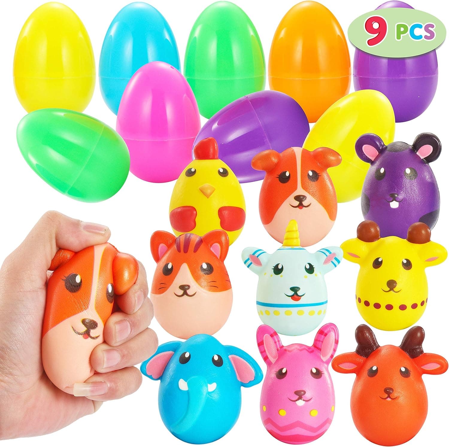 JOYIN 9 Pieces Cute Stress Relief Animal Squishy Filled Easter Eggs for Kids' Easter Eggs Hunt, Kawaii Slow Rising Scented Stress Relief Easter Basket Stuffers/Fillers