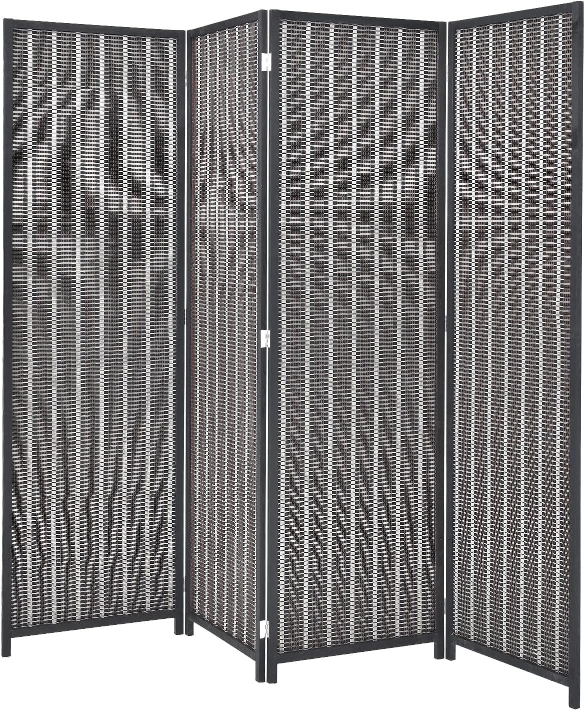 WISSMIELS 4 Panels Room Divider 5.41Ft Folding Hand Knitting Bamboo Privacy Screen Double Hinged Freestanding Portable Partition Screen for Home Office Bedroom Studying or Conference(Black)