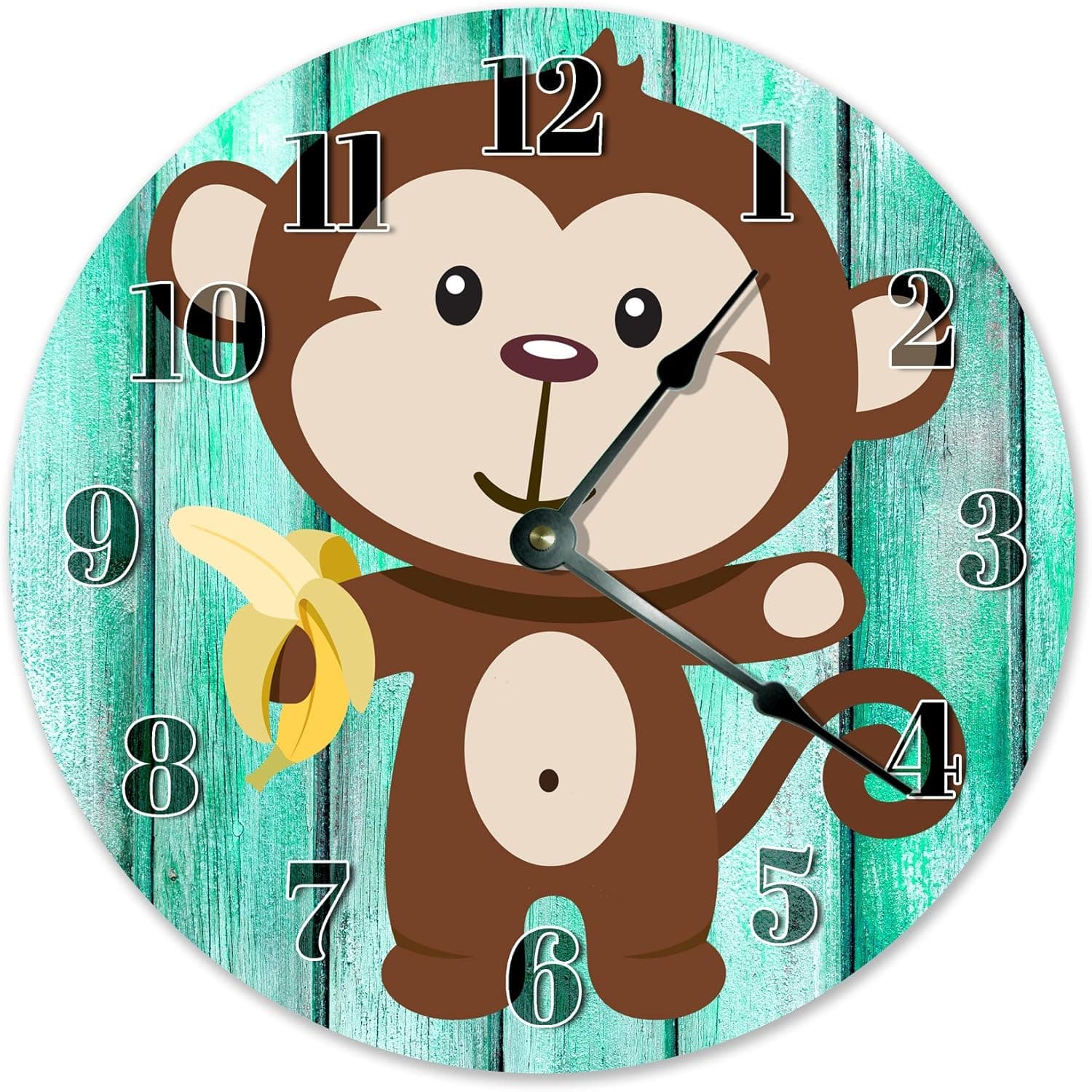Sugar Vine Art The Baby Monkey with A Banana Silent Non Ticking Round Battery Operated Handmade Hanging Large10.5 Inch Wall Clock for Bedroom Office Cottage Decoration