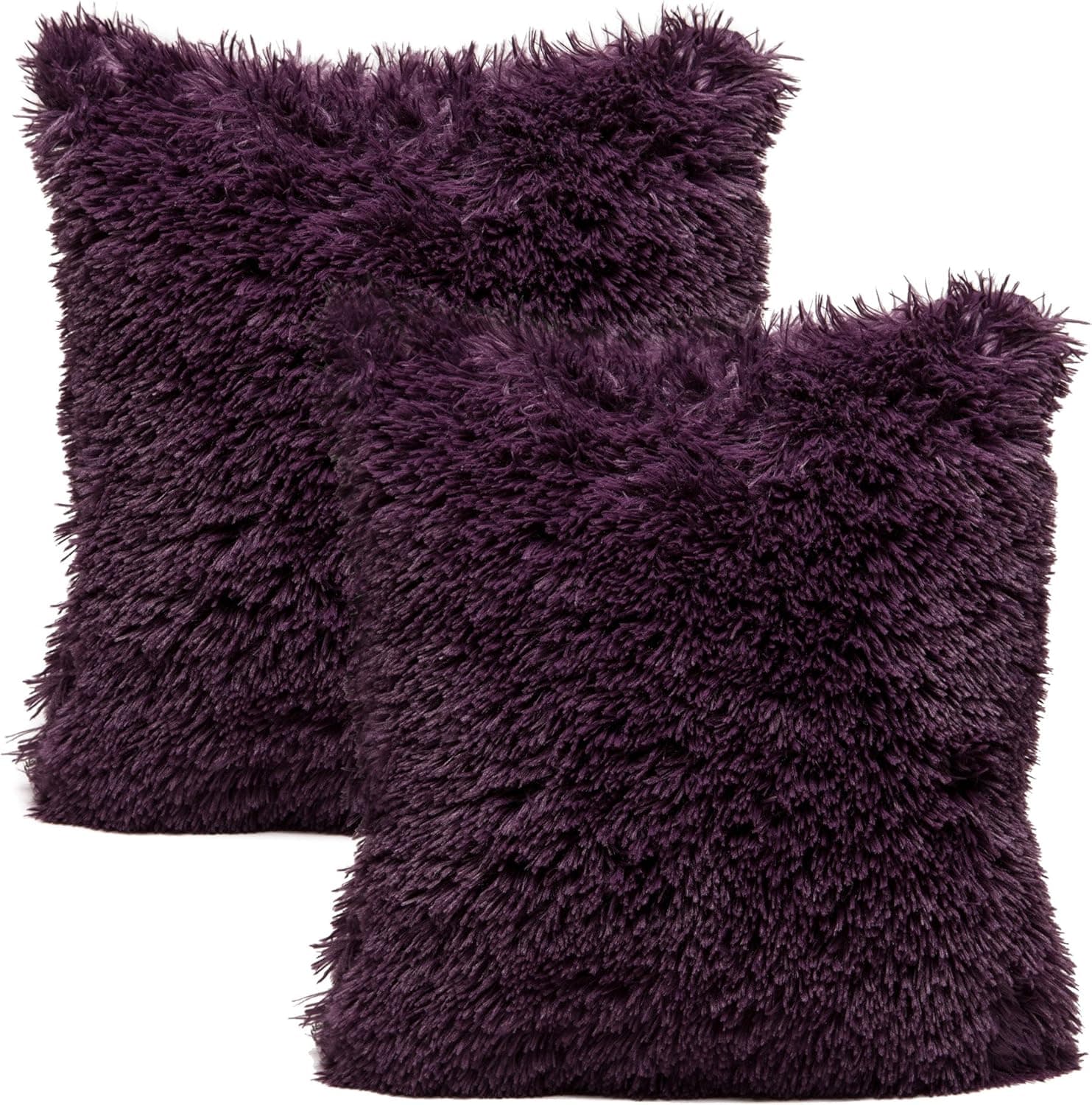 Chanasya Super Soft Long Shaggy Chic Fuzzy Fur Faux Fur Warm Elegent Cozy Purple Throw Pillow Cover Pillow Sham - Solid Aubergine Fur Throw Pillowcase 18x18 Inches 2-Pack(Pillow Insert Not Included)
