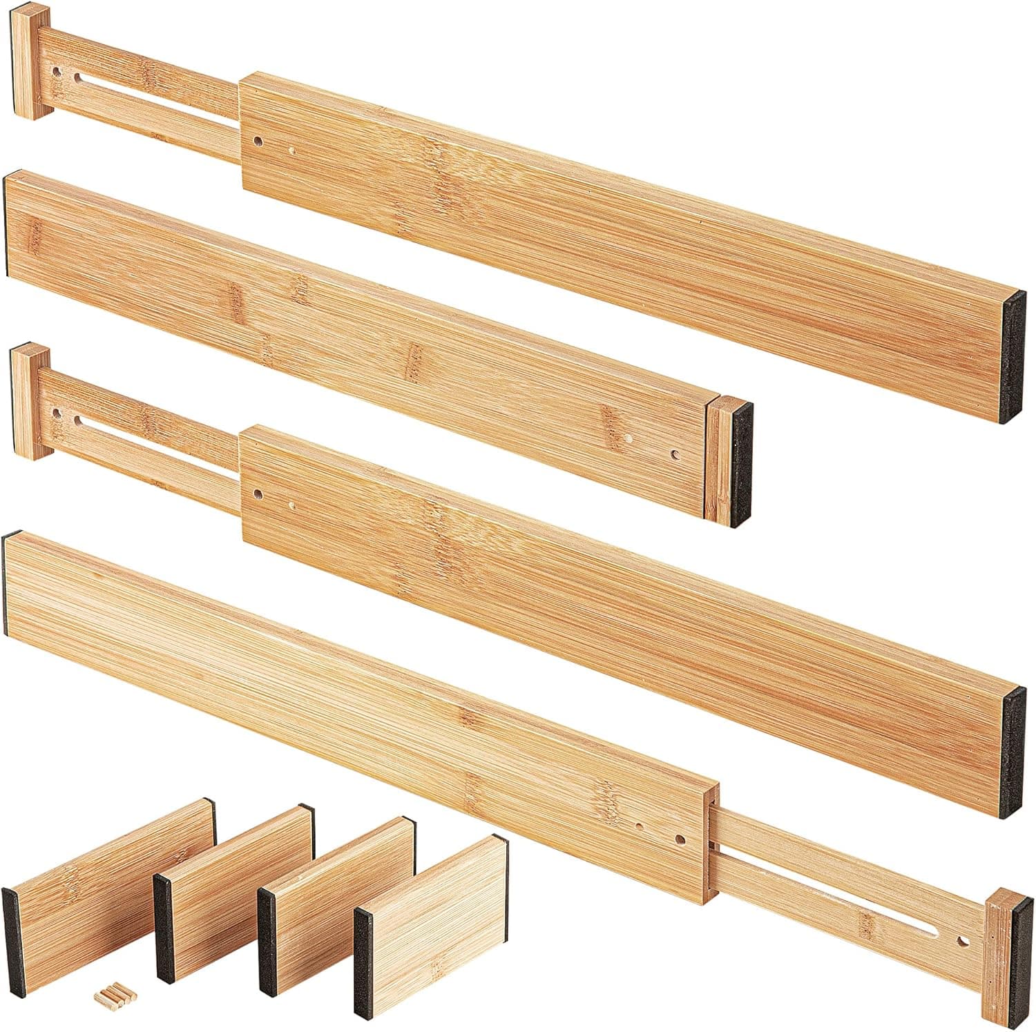 Drawer Dividers, LERMX Adjustable Drawer Organizer, Multipurpose Bamboo Drawer Separator Expandable Organization for Kitchen, Office, Bedroom, Dressers and Bathroom Set of 4