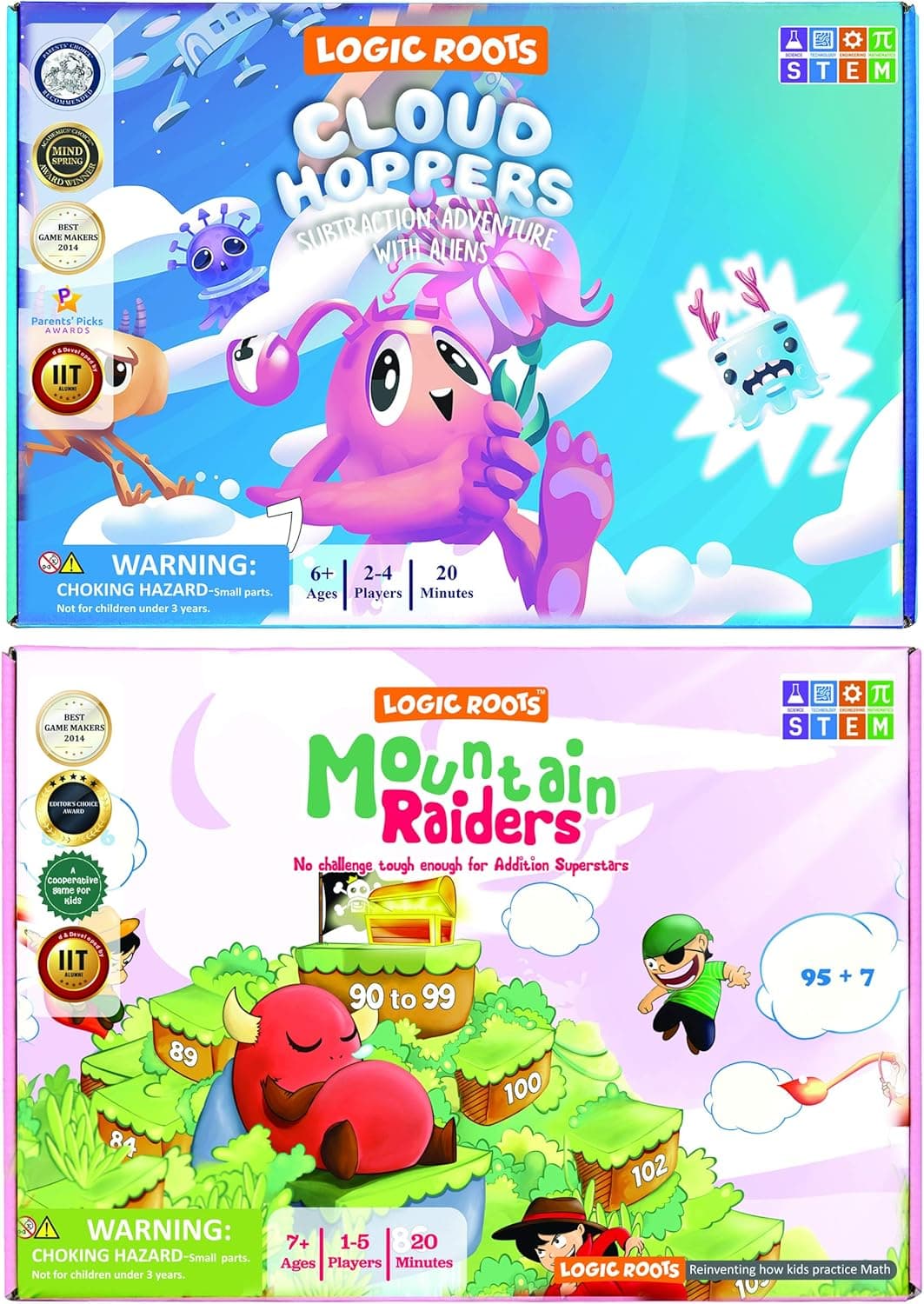 Logic Roots Addition and Subtraction Games - Pack of 2, Cloud Hoppers & Mountain Raiders, Math Board Games and STEM Toys for 7 Year and Up, Gift for Kids (Girls & Boys), Homeschoolers, Grade 1 & Up