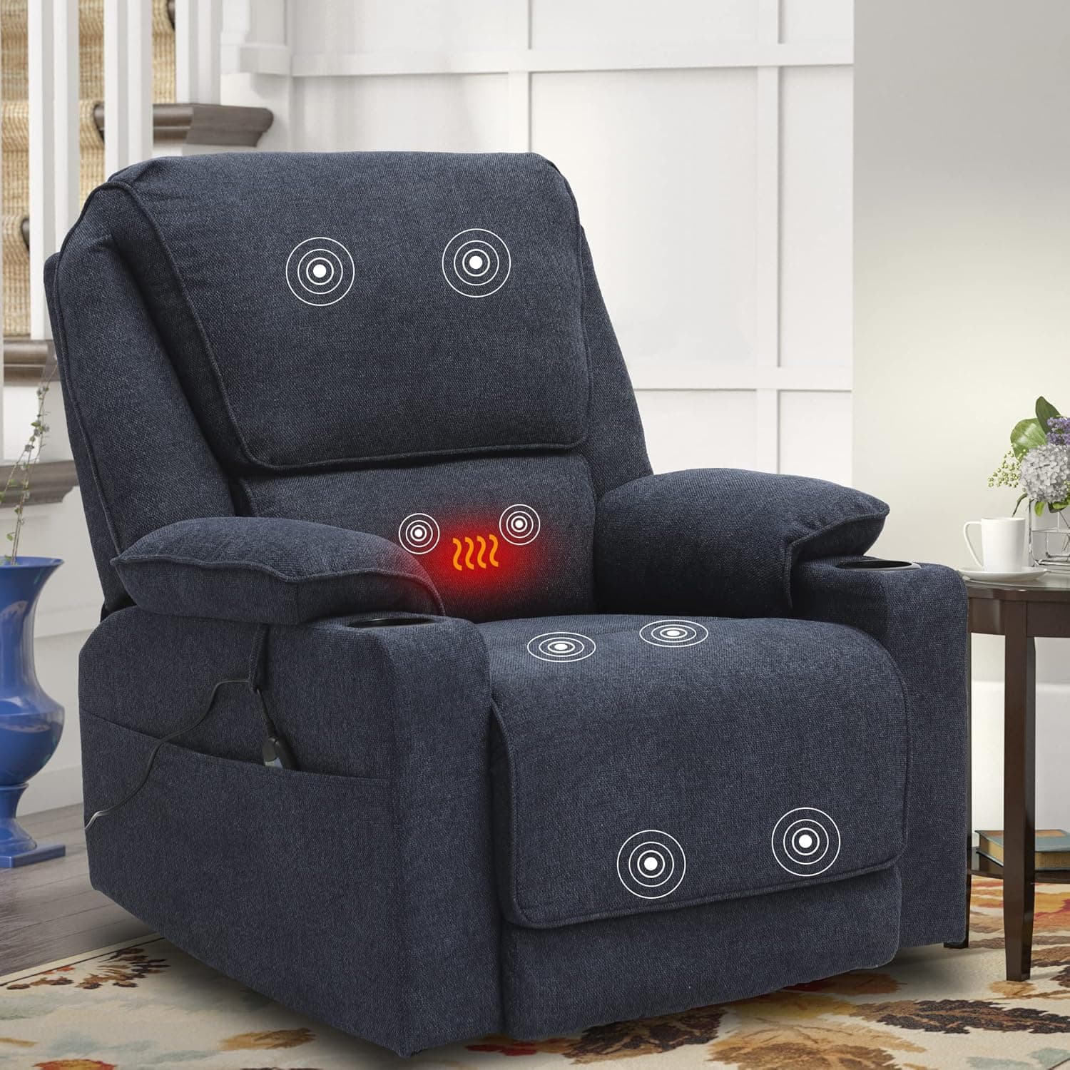 KIGOTY Fabric Rocking Recliner Chair, 360 Degree Swivel Massage Sofa Chair with Heating, 2 Cup Holders & Side Pockets for Living Room Home Theater, Navy Blue