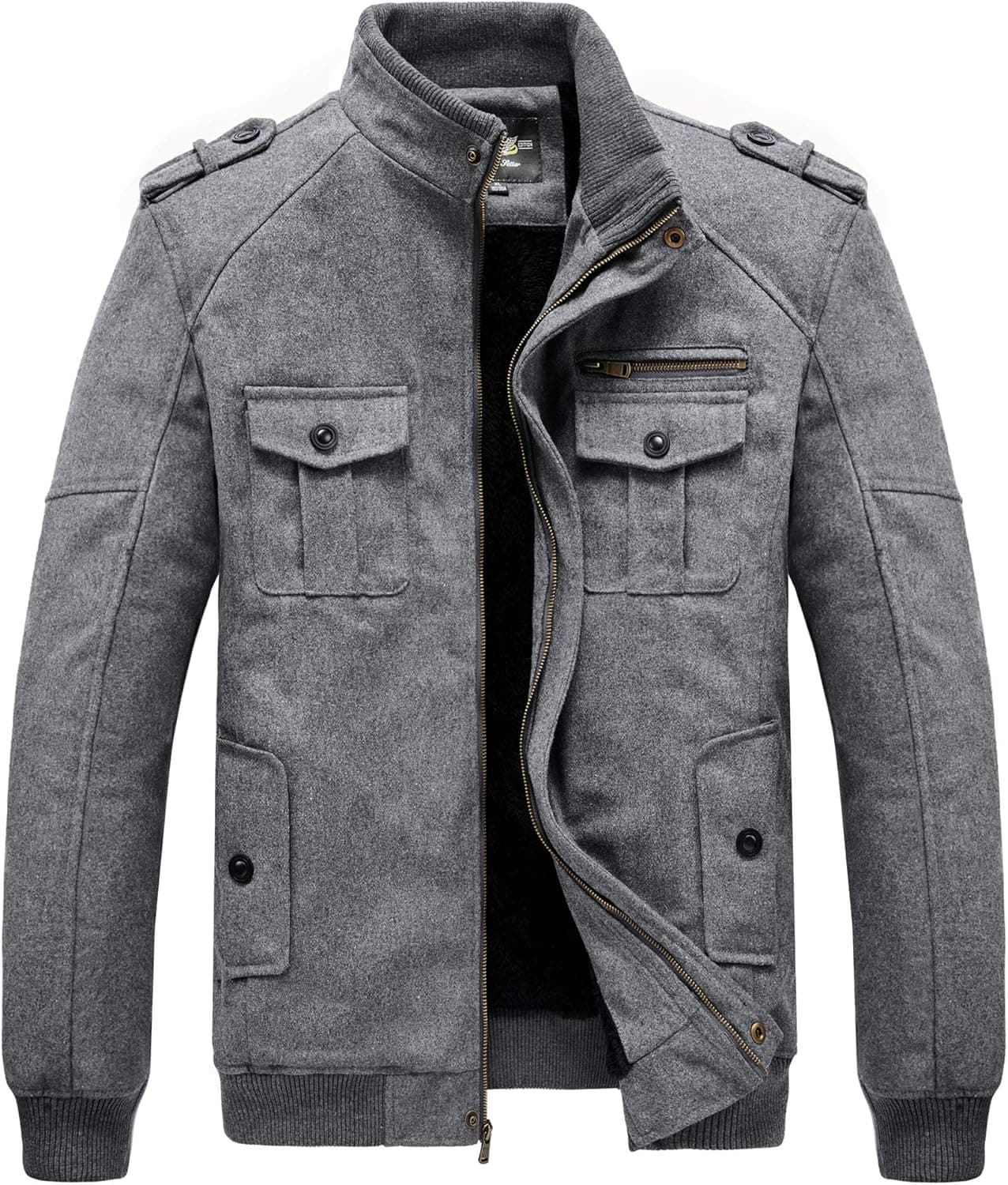 RongYue Men's Winter Thicken Wool Blend Jacket Military Fleece Parka Peacoat (Large, Gray)