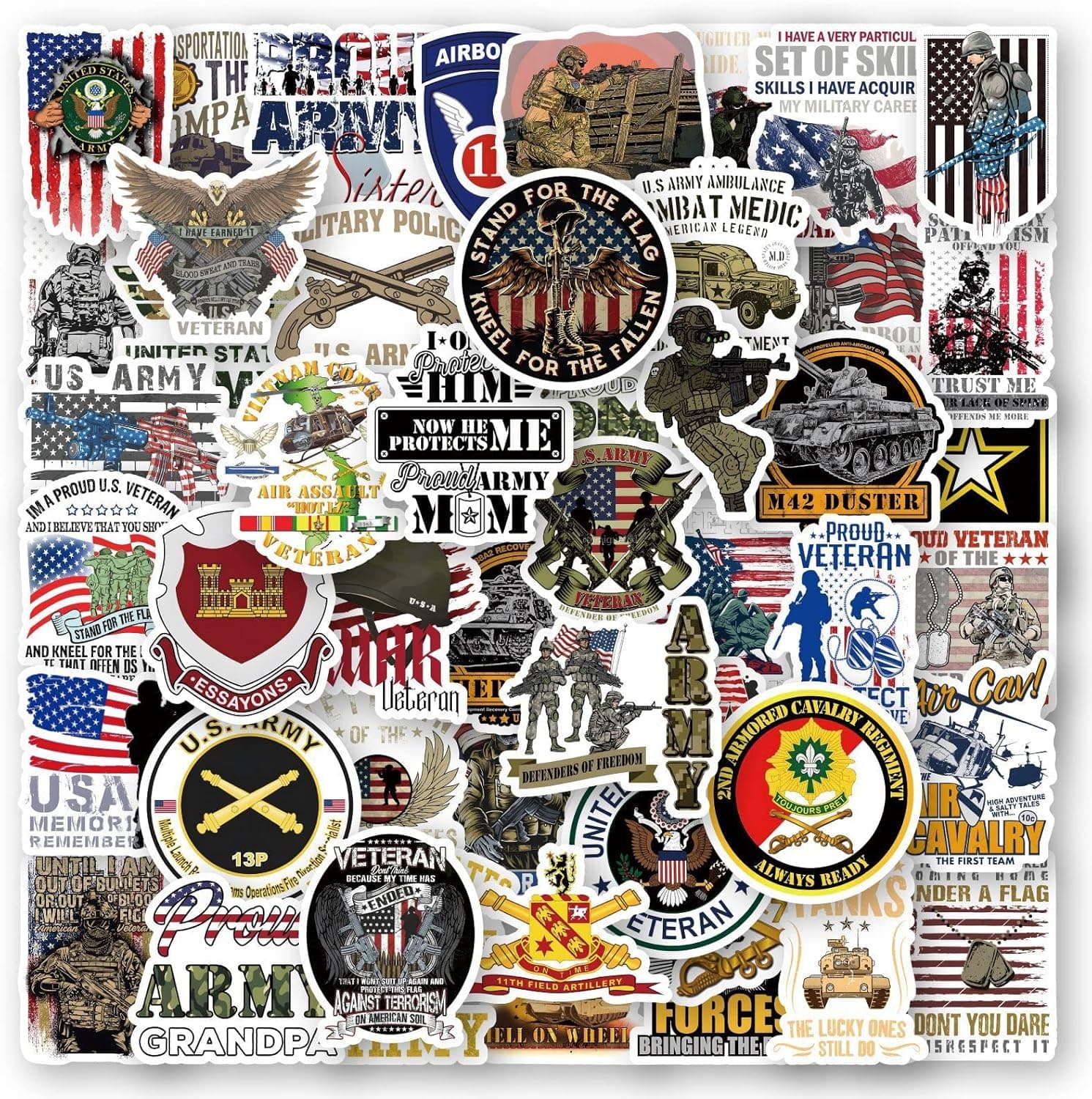 50 PCS U.S. Army Stickers,United States Army Pride Stickers Military Stickers for Water Bottles, Laptops, Suitcases,Skateboards,Cars,Perfect Gifts for Veteran, Military Fans,Adults,Teens and Kids (Army)