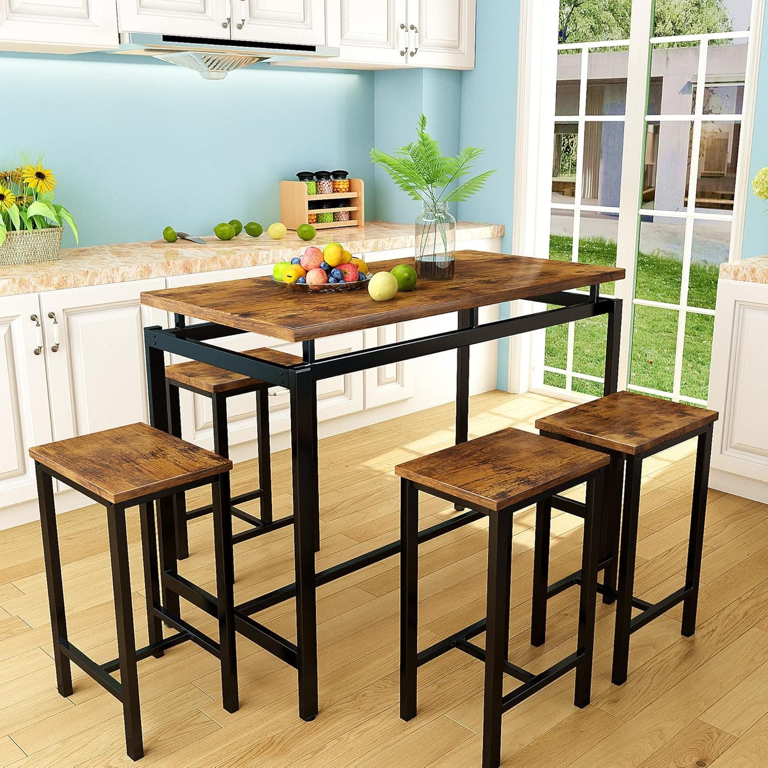 AWQM 5 Pcs Dining Table Set, Modern BarSet with 4 Bar Stools, Home Kitchen Breakfast-Table and Chairs-Set Ideal for Pub, Living Room, Breakfast Nook, Easy to Assemble