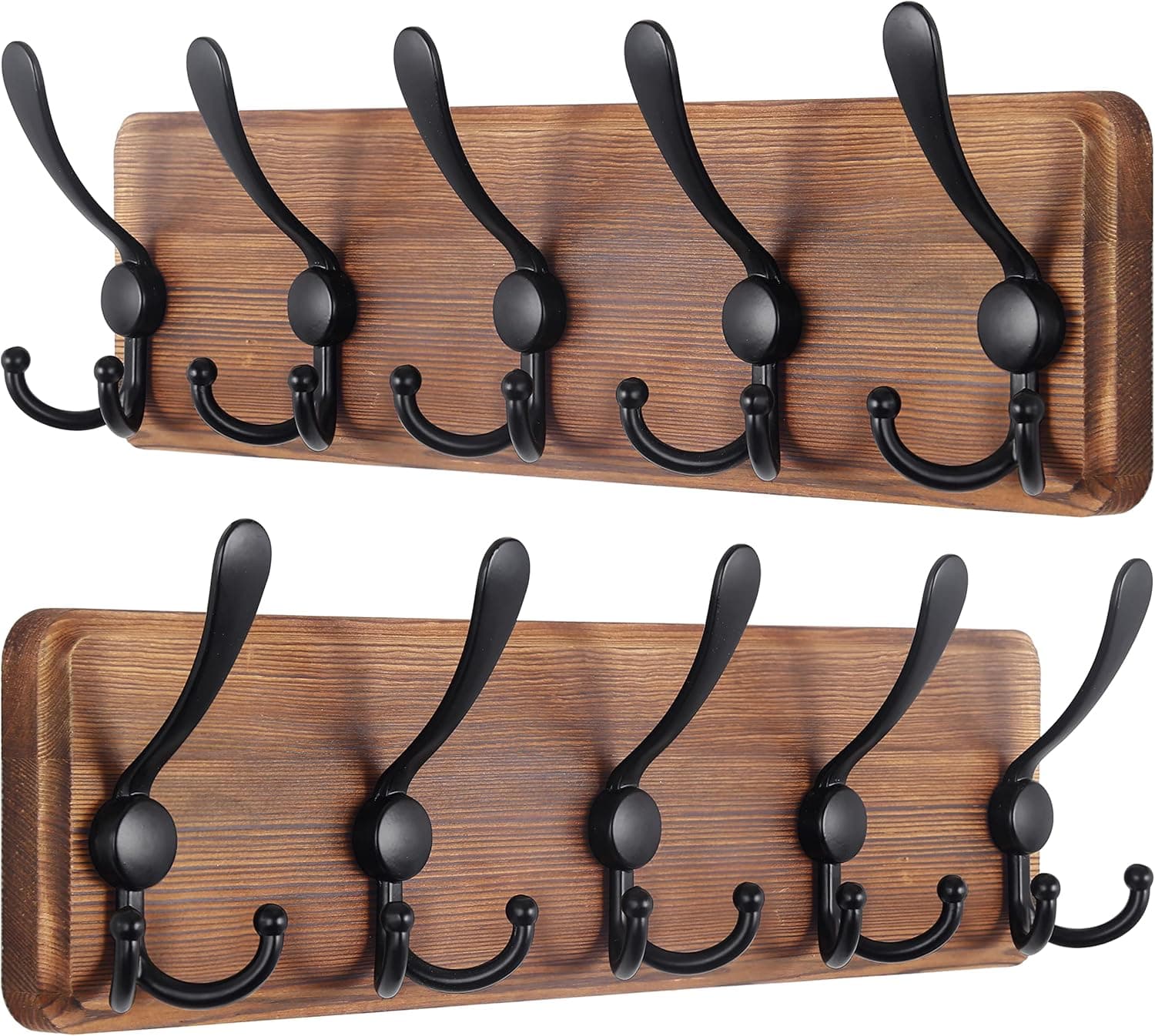 SKOLOO Rustic Wall Mounted Coat Rack: 16'' Hole to Hole, Pine Real Wood Plank Wall Coat Rack with 5 Triple Hooks, Farmhouse Coat Hanger Wall Mount for Hanging Backpack Jacket Coat Hat,Pack of 2