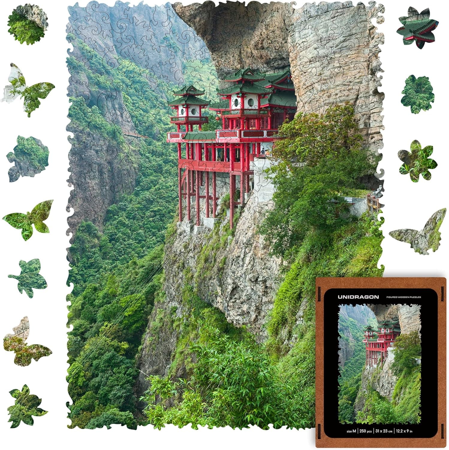 UNIDRAGON Original Wooden Jigsaw Puzzles - Nature Soaring Temple, 250 pcs, Medium 12.2"x9", Beautiful Gift Package, Unique Shape Best Gift for Adults and Kids