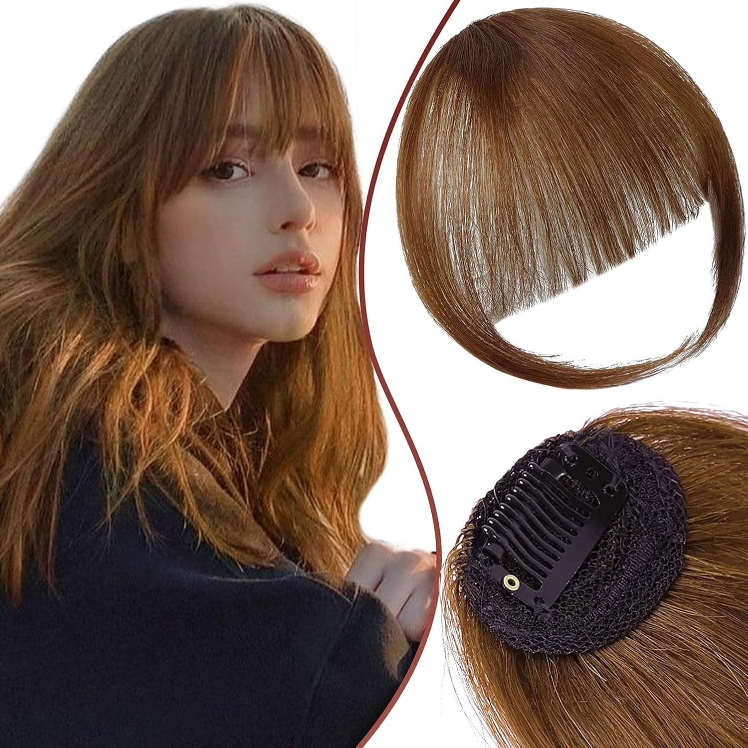 Caliee Bangs Hair Clip Human Hair Light Brown Clip on Bangs Human Hair Wispy Bangs Air Bangs Hair Bangs Clip in Human Hair Fringe with Temples Clip in Bangs for Women Everyday Wear Curved Bangs