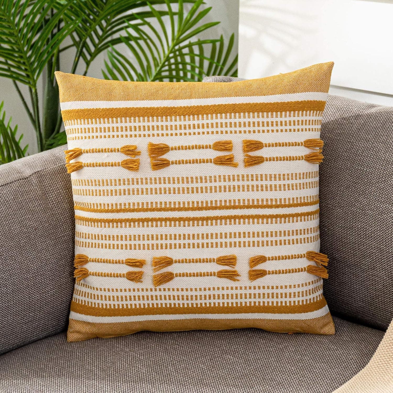 Lahome Boho Striped Throw Pillow Cover,Cute Farmhouse Tribal Decorative Handmade Woven Accent Pillowcase for Bed Sofa Couch Bedroom Living Room Modern Home Decor (18x18, Mustard Yellow)