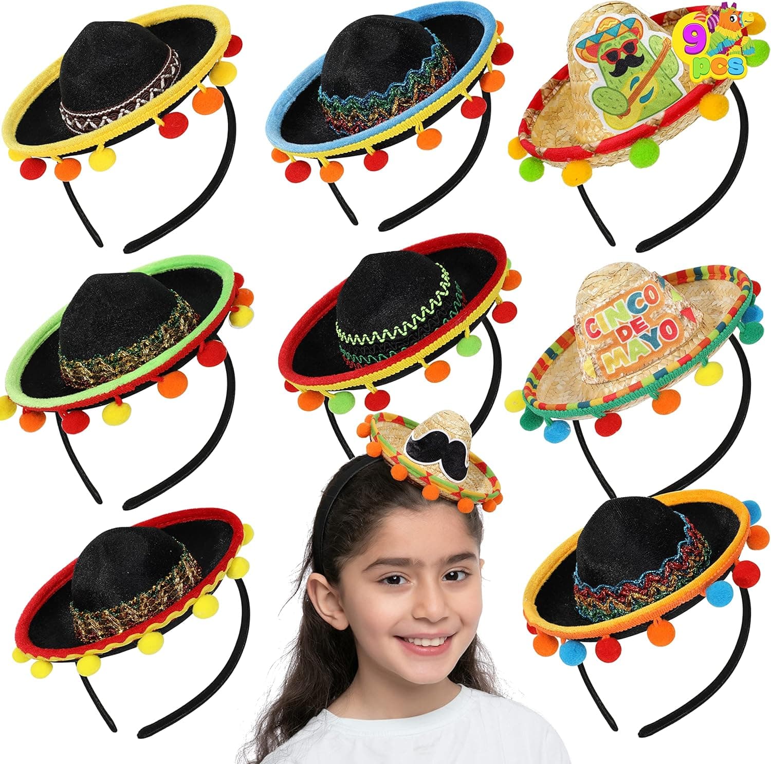 JOYIN 9PCs Cinco De Mayo Fiesta Straw Sombrero Headbands Party Costume, Cinco De Mayo Accessories, Baby Sombreros, Fiesta Headbands for Women, Luau Event Photo Props, Mexican Theme Decorations, Fiesta Party Favors