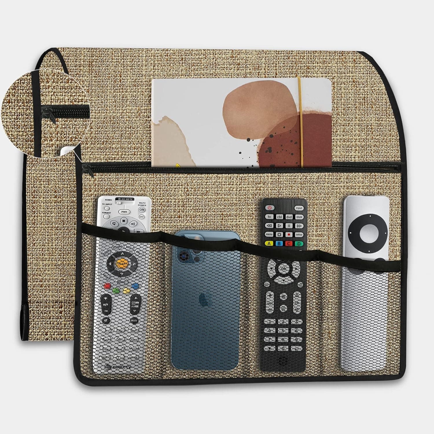 Remote Caddy Organizer Faux Linen Armchair Caddy for Recliner Sofa Armrest Organizer Remote Control Holder for Couch with 5 Pocket Storage for Tablet, Magazine, Phone, iPad, Khaki