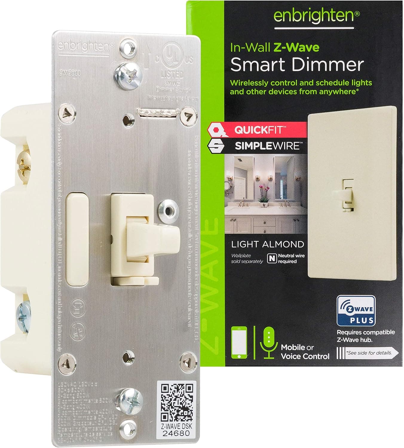 Enbrighten Z-Wave Plus Smart Dimmer with QuickFit and SimpleWire, 3-Way Ready, Compatible with Alexa, Google Assistant, ZWave Hub & Neutral Wire Required, Toggle, 14296, Light Almond 1pk