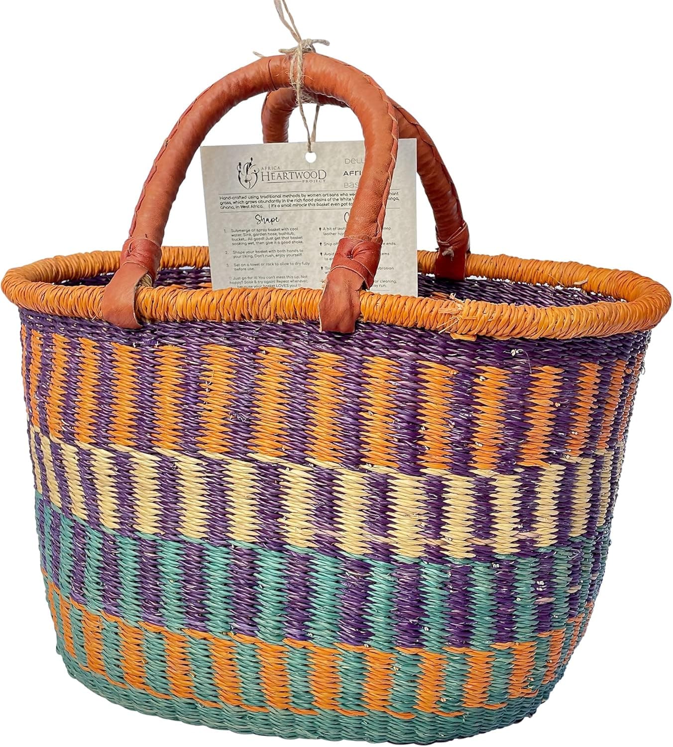Deluxe Oval Colorful African Basket - Large 18" - by market women in Bolgatanga, Ghana with Africa Heartwood Project - GBMOC (Flat-packed)