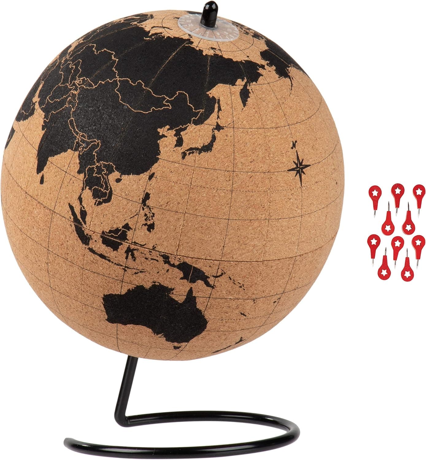 Cork Globe - 6-Inch World Globe with 10 Red Location Push Pins, Spinning Rotating Desk Globe for Kids, Travelers, Home, Office Desktop Decoration, Library, School, Classroom Decor, 7.5 Inches Tall