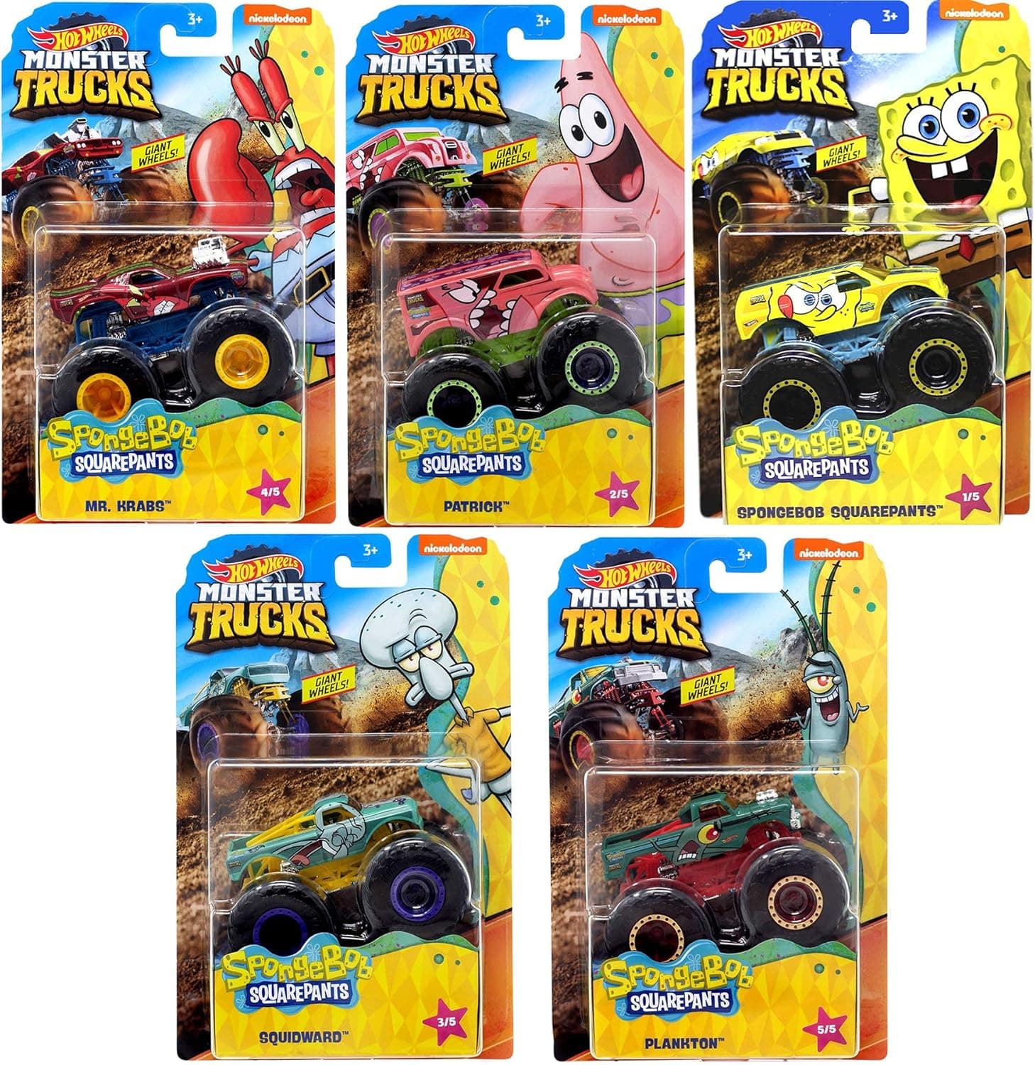 Big N' Monster Wheels Character Action Jam Squarepants 5-Pack Official Pickup Bundle + Spongebob Yellow Bubble bash / Patrick Star / Squidward / Mr. Krabs / Plankton Die-Cast 5 Items Bundle