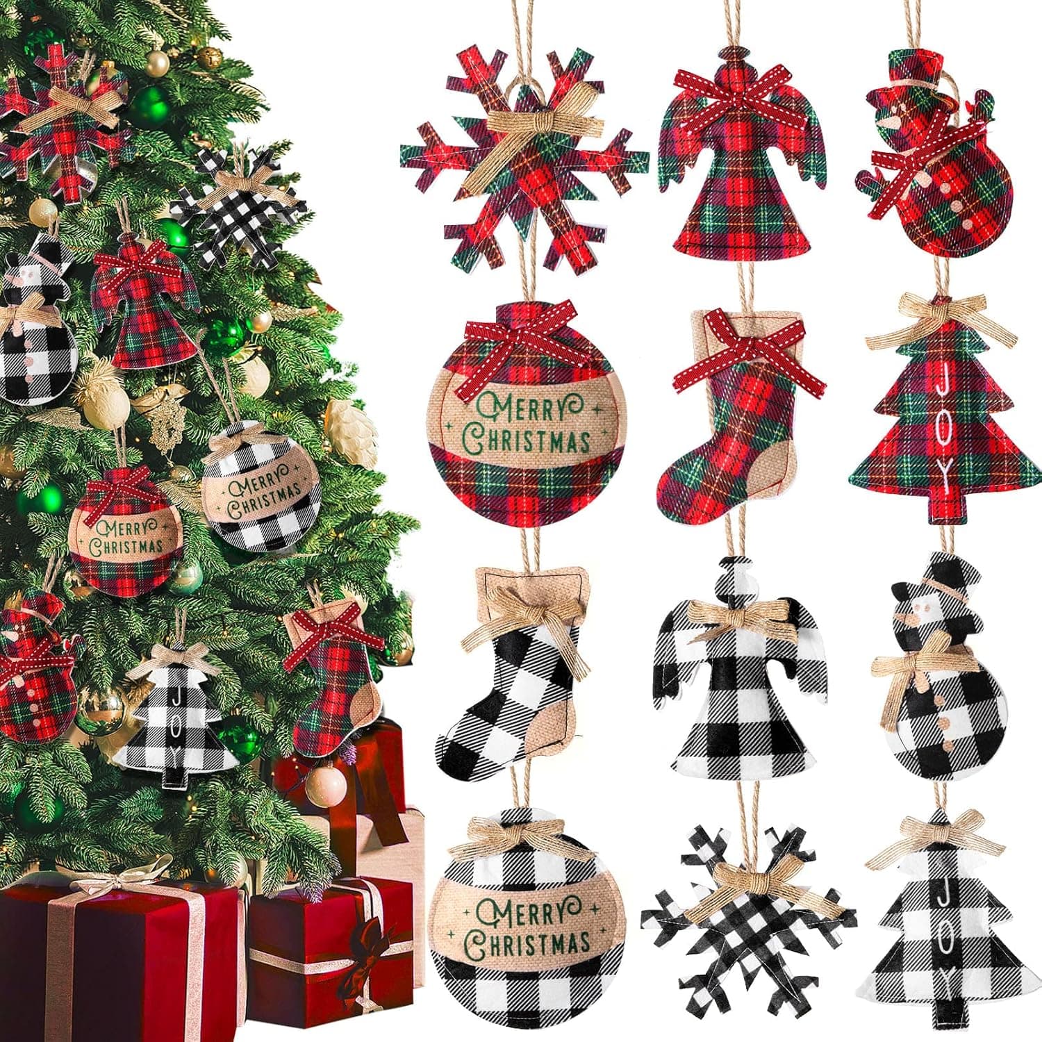 12 Pieces Christmas Tree Buffalo Plaid Ornaments Burlap Farmhouse Ornaments Set Rustic Christmas Hanging Decorations Snowflake Bell Shaped Hanging Ornament for Xmas Holiday Party Home Decor