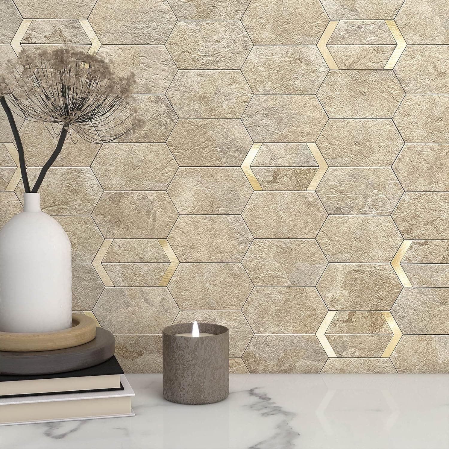 MOFIT Peel and Stick Tile for Kitchen Backsplash Matte Finish,Peel and Stick Bathroom Marble 3D Wall Panels Honeycomb Tiles for Rvs Waterproof(5sheets,Beige Gold)