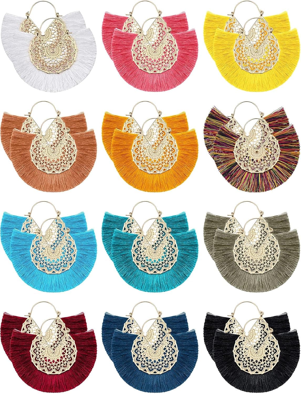 12 Pairs Statement Tassel Earrings Hoop Tassel Earrings Bohemian Geometric Handmade Earrings for Women Girls