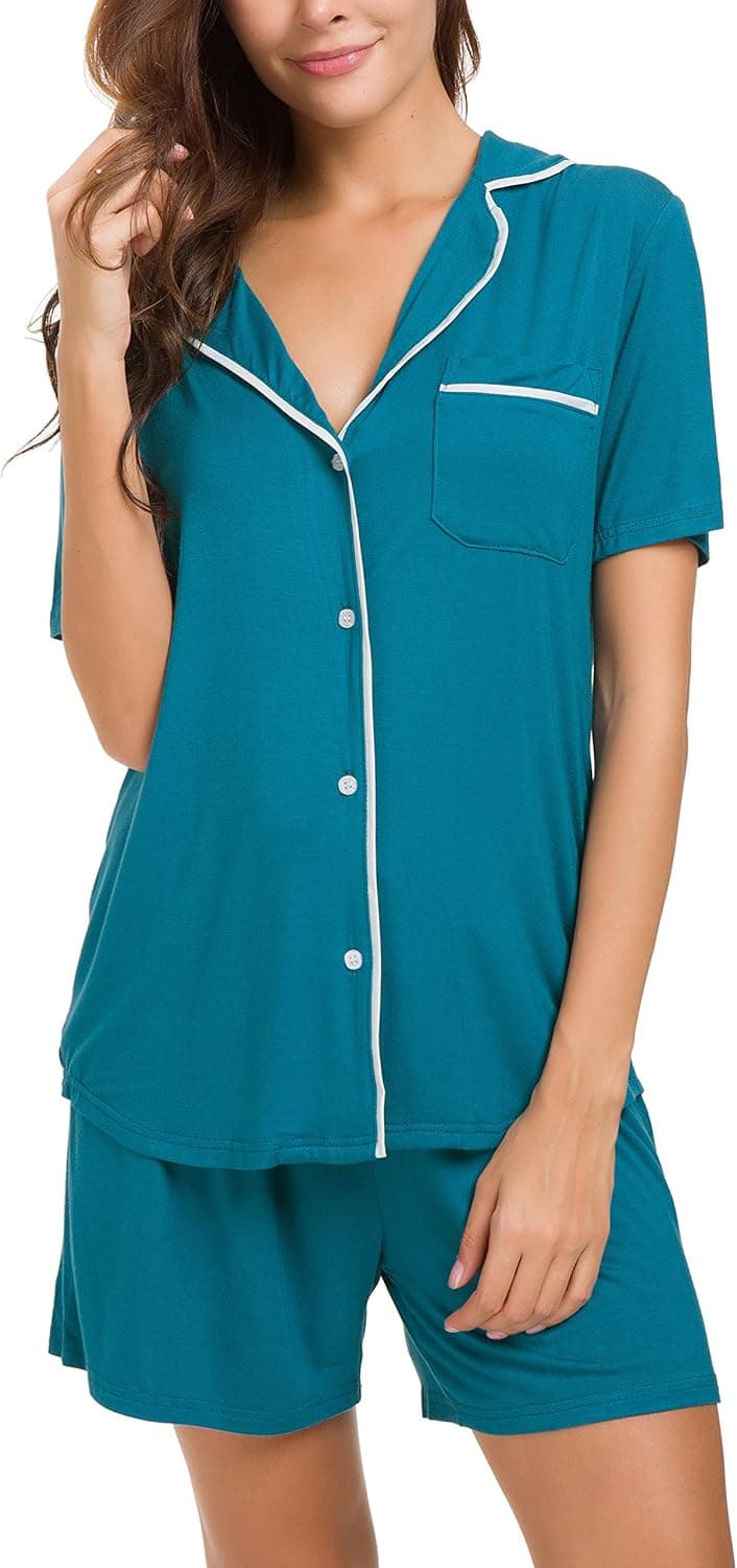 Invug Women Button Down Nightwear Short Sleeve Shirt Shorts Pajama Set Sleepwear Peacock Blue L