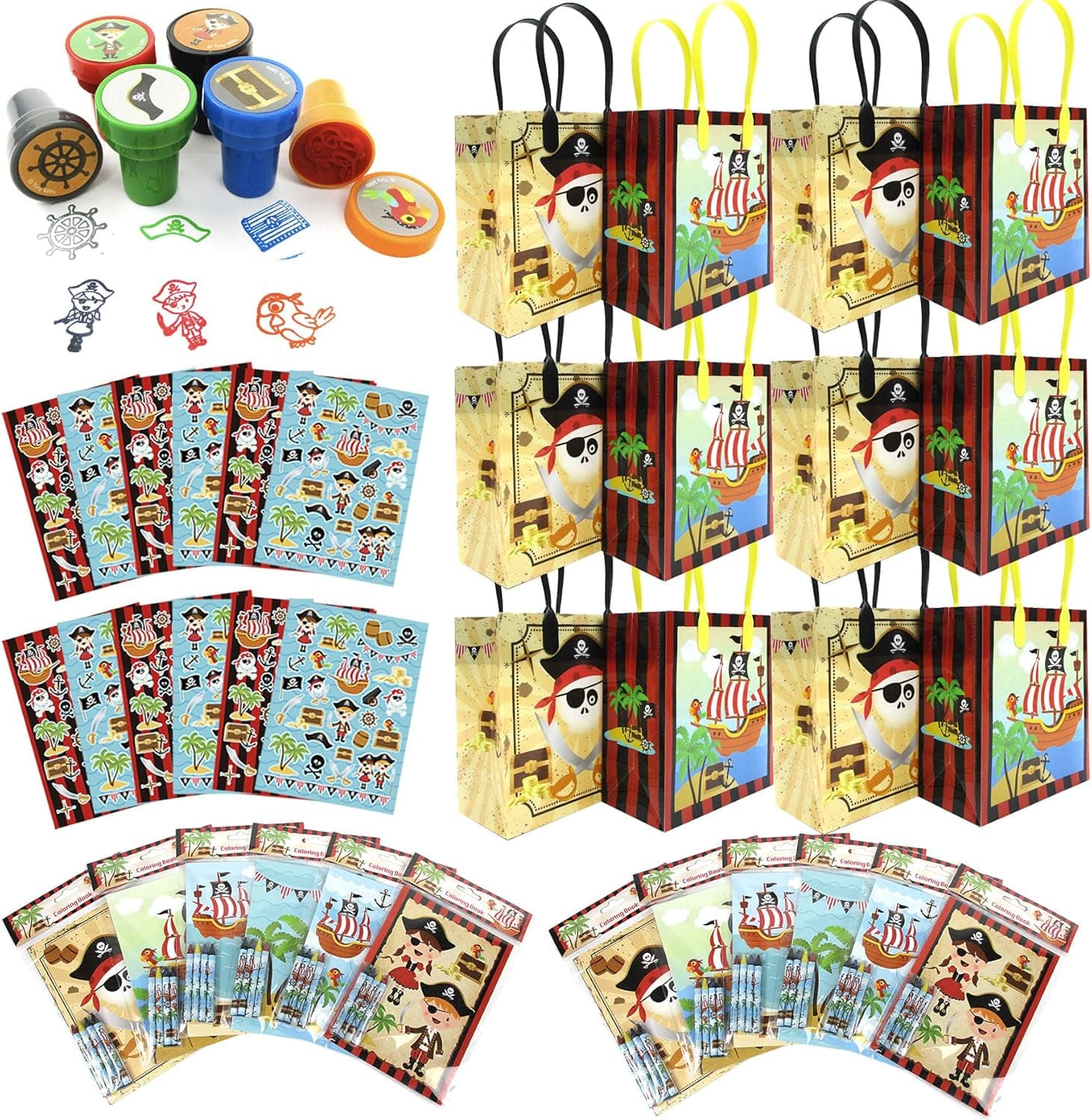 TINYMILLS Pirate Birthday Party Assortment Favor Set of 108 pcs (12 Large Party Favor Treat Bags with Handles, 24 Self-Ink Stamps for Kids, 12 Sticker Sheets, 12 Coloring Books, 48 Crayons) Party Bundles for Birthday Party