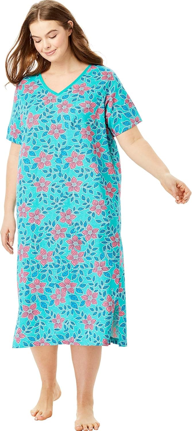 Dreams & Co. Women's Plus Size Long Print Sleepshirt Nightgown - 5X/6X, Aquamarine Flower Green
