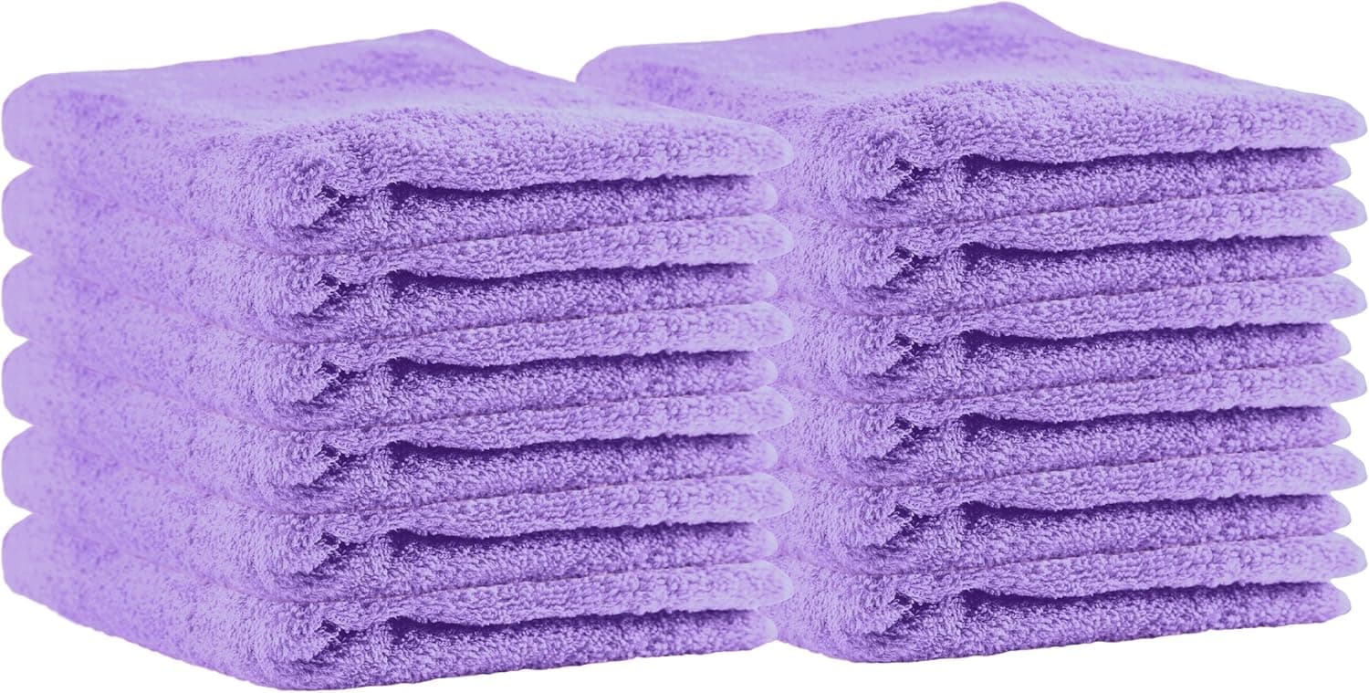 Puffy Cotton Luxury Washcloth Towel Set (12 Pack, 12x12 Inches) Multi-Purpose Extra Soft Fingertip Towels, Super Absorbent Face Cloths, Machine Washable, Sport and Workout Towels (Violet)