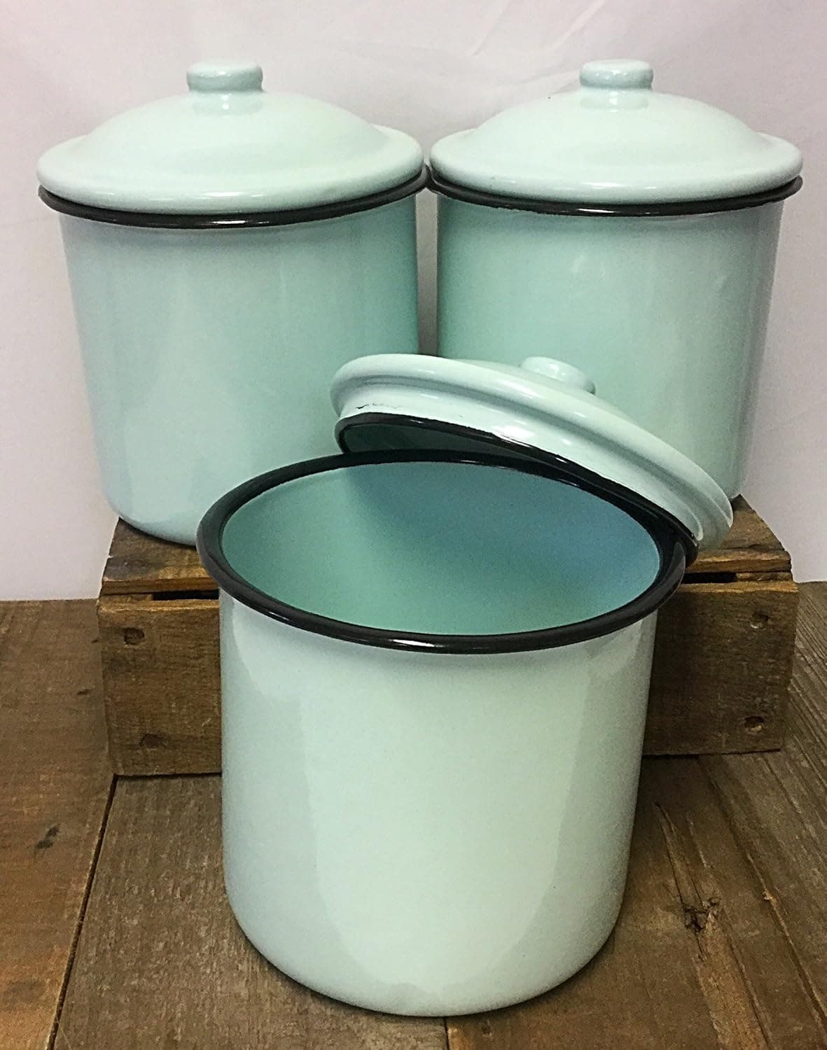 Vintage Style Metal Enamelware Canister Three Piece Set Classic Turquoise Blue Country Cabin Farmhouse Log Home or Stylish Rustic Decor