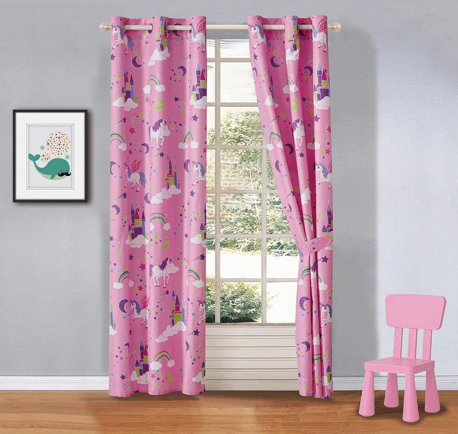Luxury Home Collection Girls 2 Piece Kids Curtain Set with Grommets Unicorn Castle Rainbow Clouds Moon Shining Stars Lavender Pink Purple Blue Yellow White
