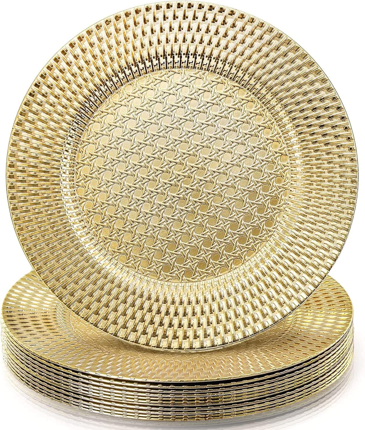 Fasmov 6 Pack Plastic Charger Plates, 13 inches Round Plate Chargers for Dinner Plates, Wedding Table Setting, Gold