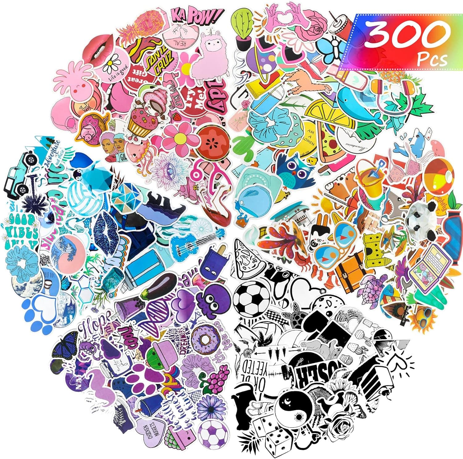 300 Pieces Mixed Stickers for Water Bottles, Vinyl Waterproof Laptop Stickers Aesthetic Cute Colorful Stickers Laptop Luggage Skateboard Computer Stickers for Teens Girls Kids Boys, Mixed 6 Styles