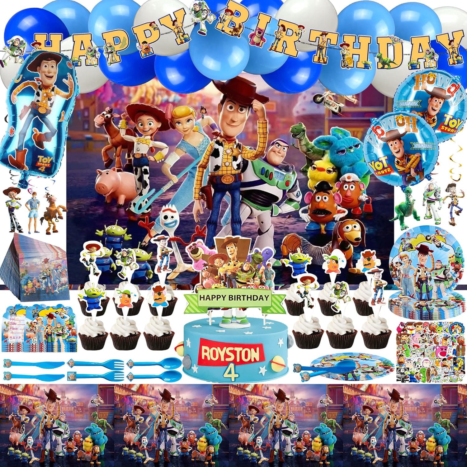 177pcs Birthday Party Supplies For 10 Guests Party Decorations With Happy Birthday Backdrop Banner Balloon Invitation Card Hanging Swirl Cake Topper Stickers Napkins