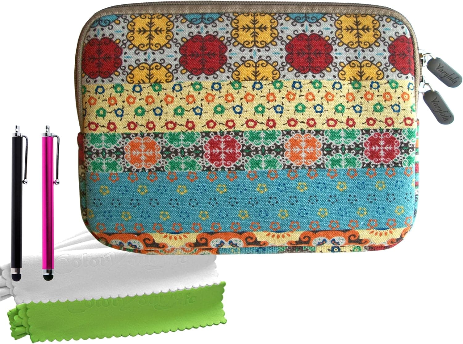 ColorYourLife Bundle of Bohemian Style Canvas Fabric Tablet Laptop Sleeve Case Bag for iPad mini iPad mini 2 7.9-inch tablets with 2 Stylus Pens and Microfiber Cleaning Cloths (Colorful Bohemian pattern, 8 inch)